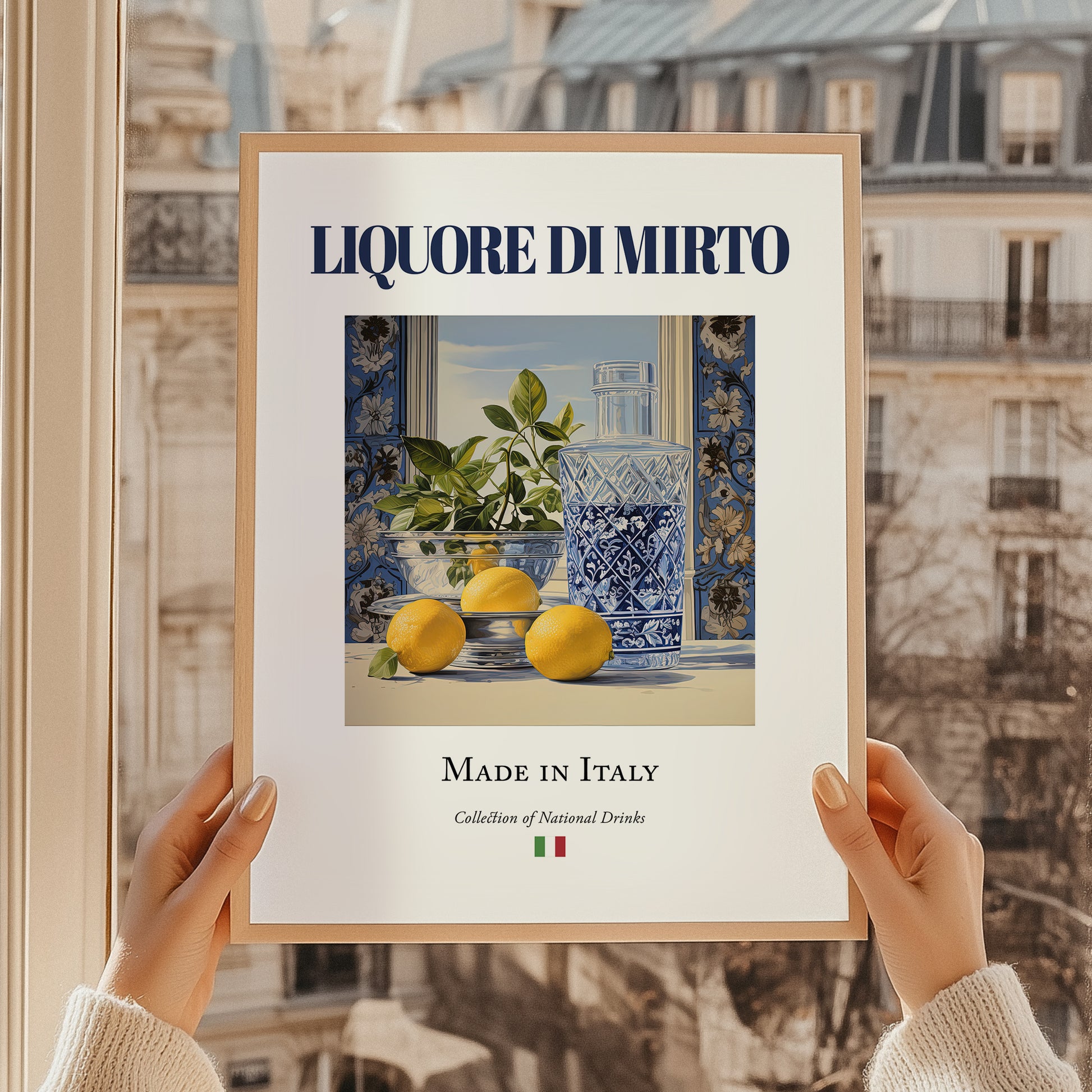Liquore di mirto – Italian Liqueur Drink, Hotel Lobby Illustration, styled in a charming Paris street view