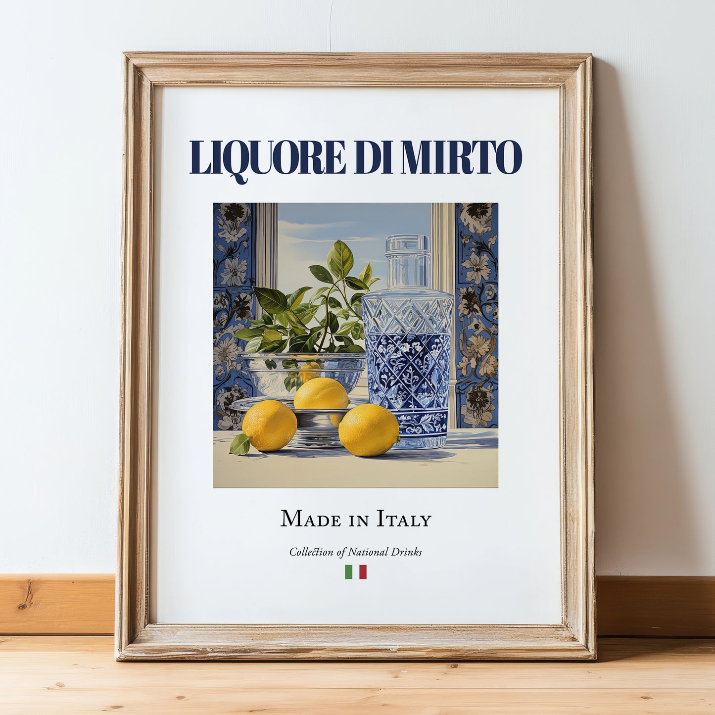 Liquore di mirto – Italian Liqueur Drink, Hotel Lobby Illustration, in wooden frame leaning on the floor