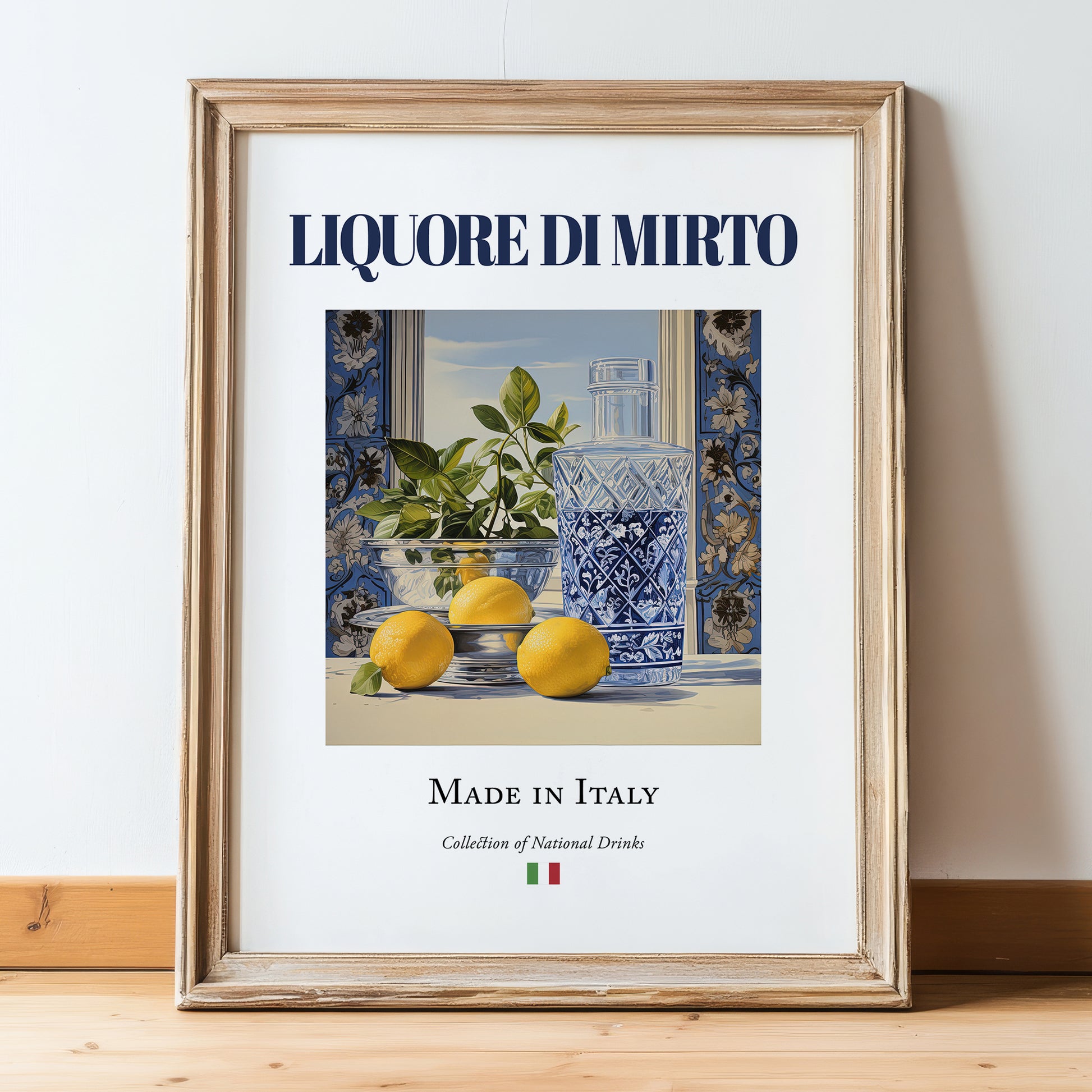 Liquore di mirto – Italian Liqueur Drink, Hotel Lobby Illustration, in wooden frame leaning on the floor