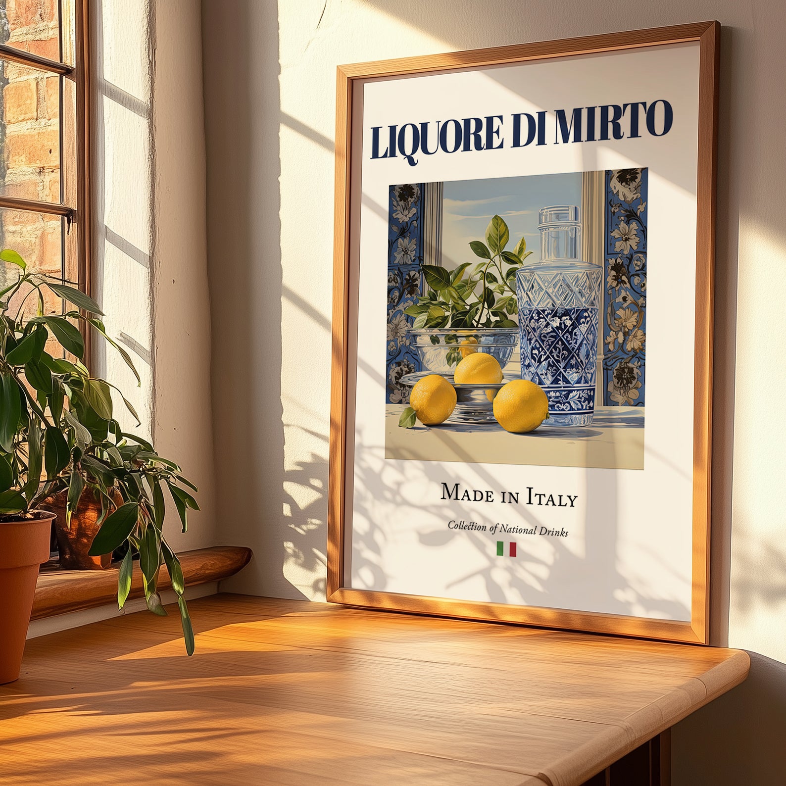 Liquore di mirto – Italian Liqueur Drink, Hotel Lobby Illustration, no-text version framed in wood