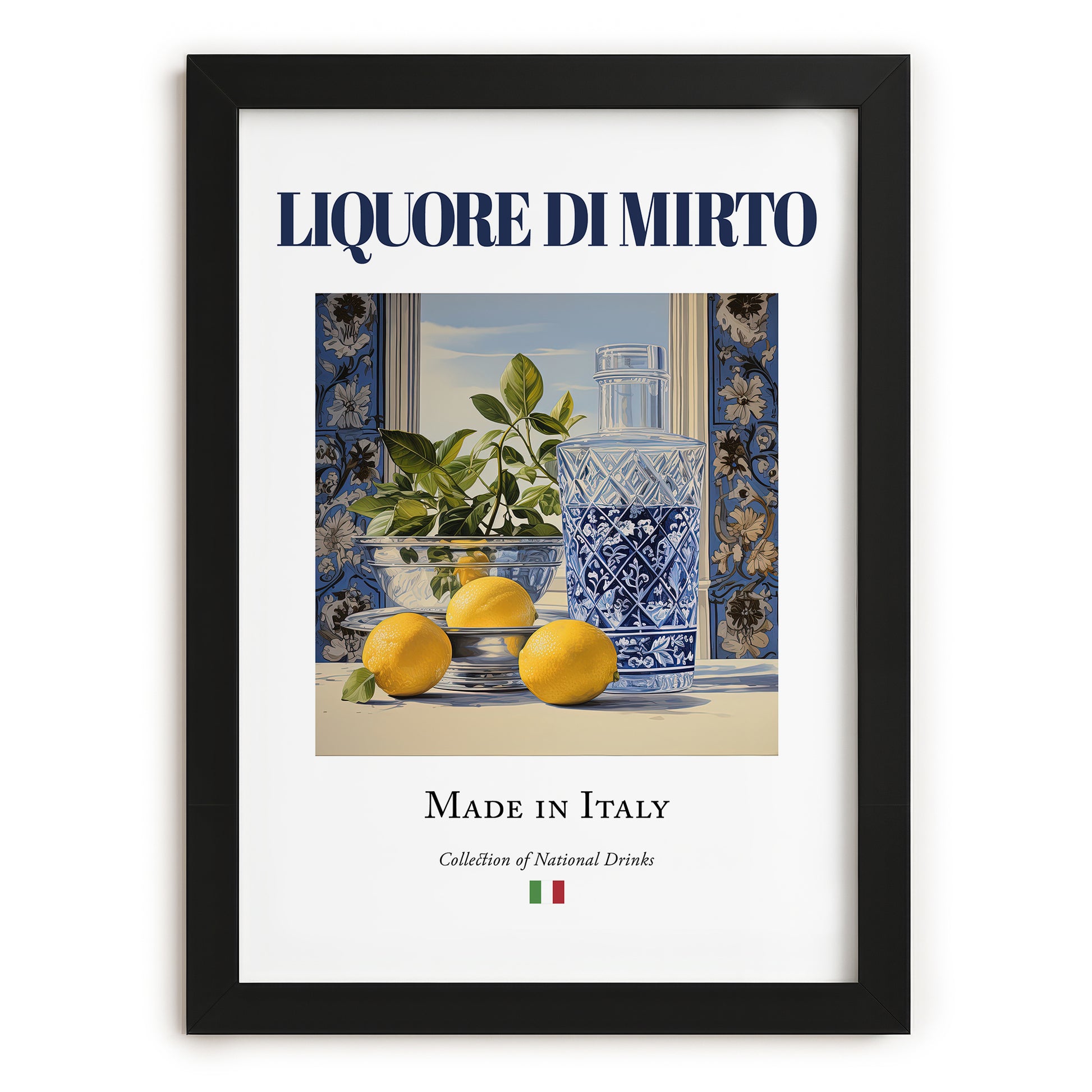 Liquore di mirto – Italian Liqueur Drink, Hotel Lobby Illustration, in sleek black frame