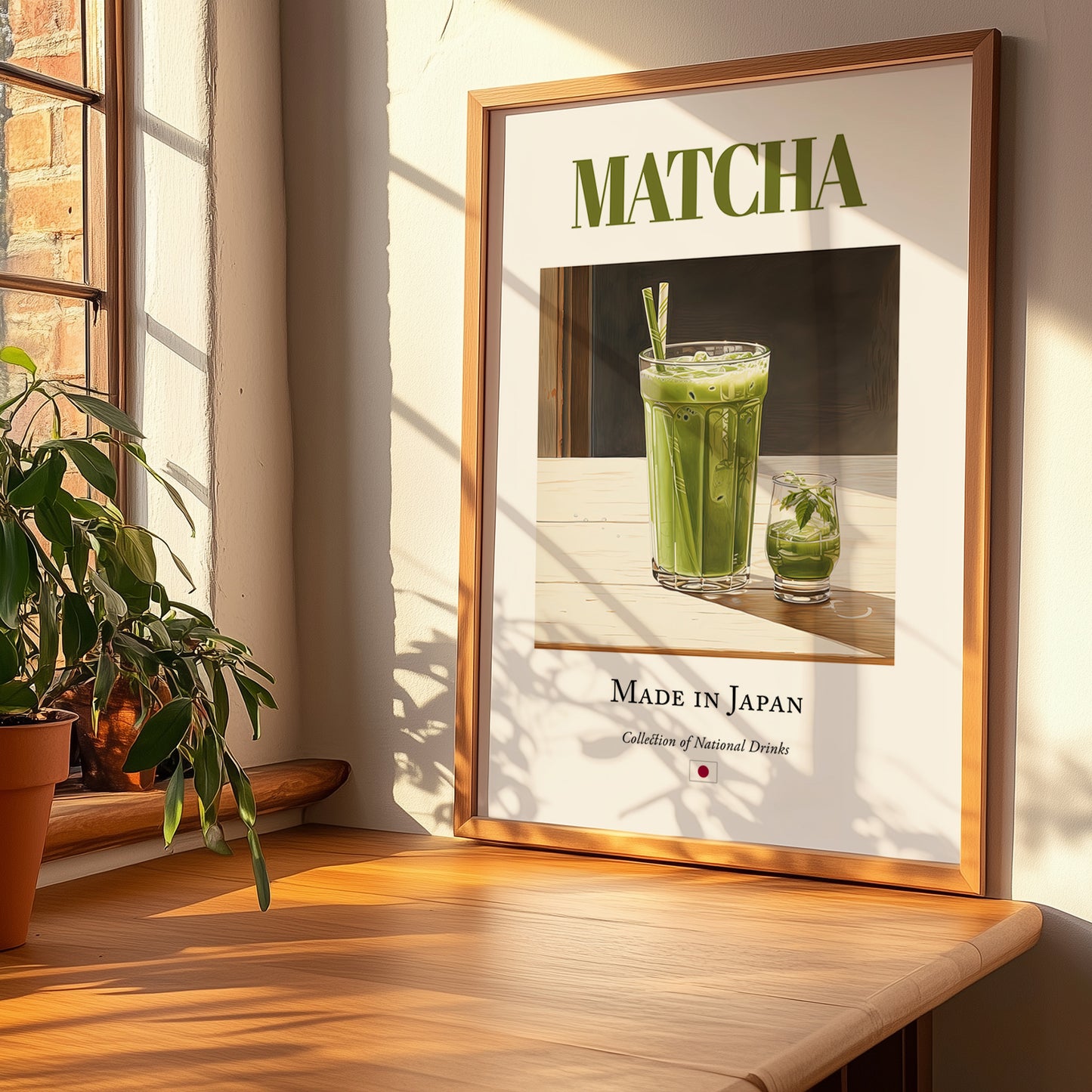 Matcha – Japanese Tea, Tea House Still Life, no-text version framed in wood