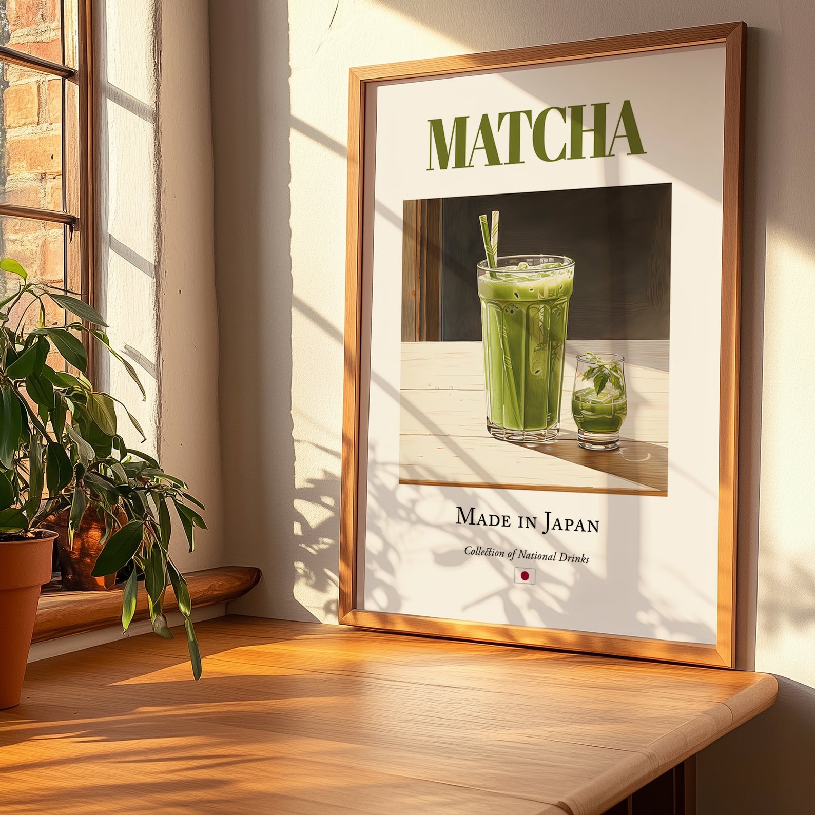 Matcha – Japanese Tea, Tea House Still Life, no-text version framed in wood