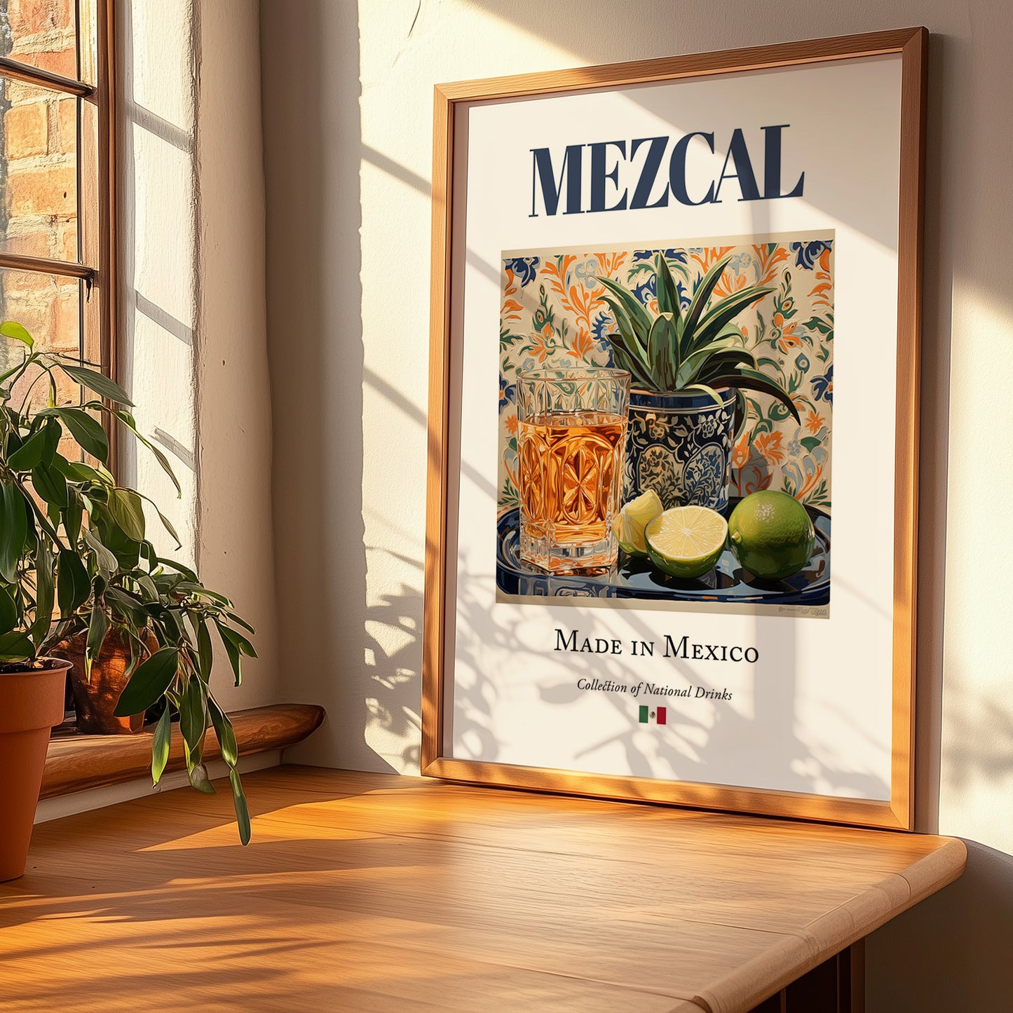 Mezcal – Mexican Spirit Drink, Cocktail Lounge Wall Art, no-text version framed in wood