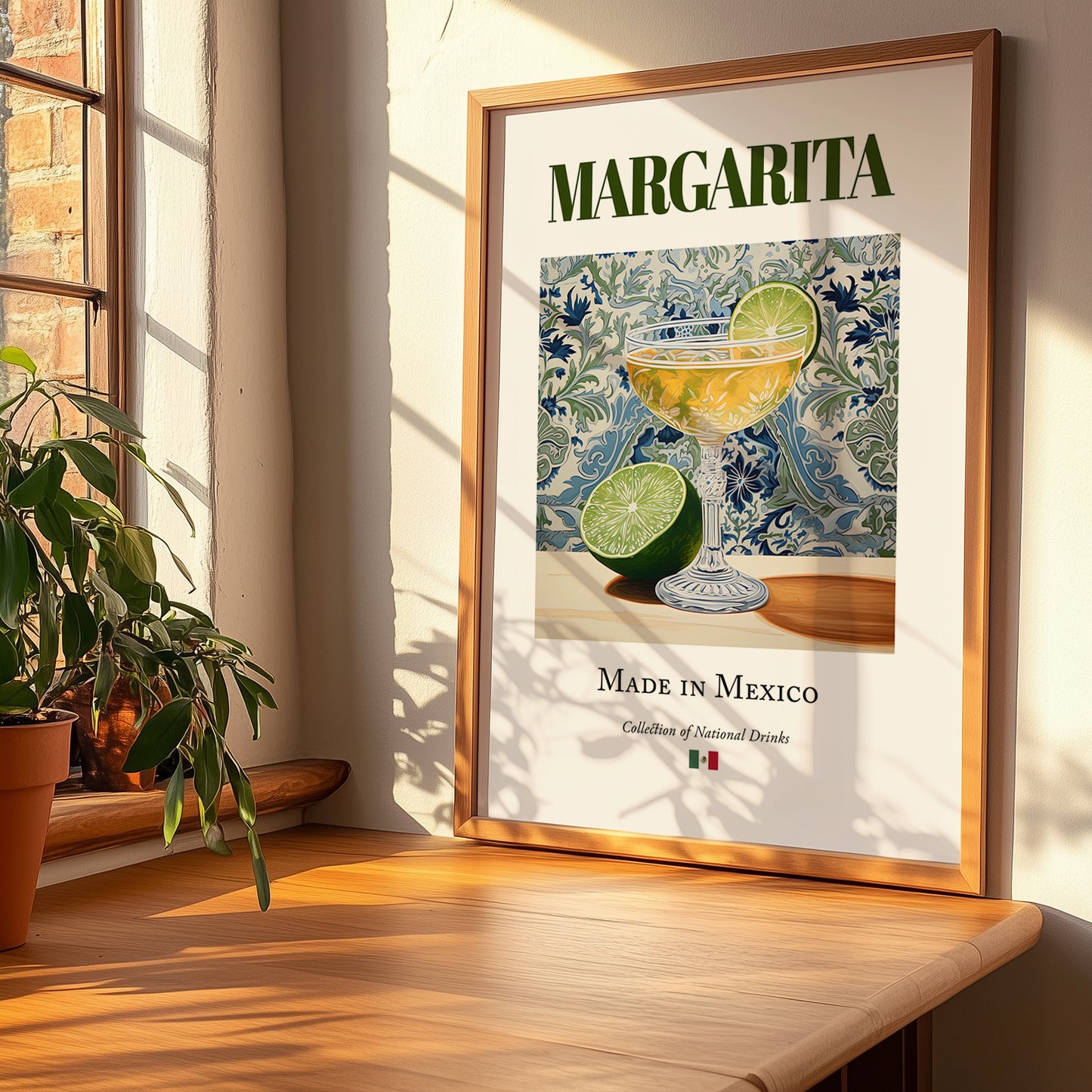 Margarita – Mexican Cocktail Drink, Beach Bar Poster, no-text version framed in wood