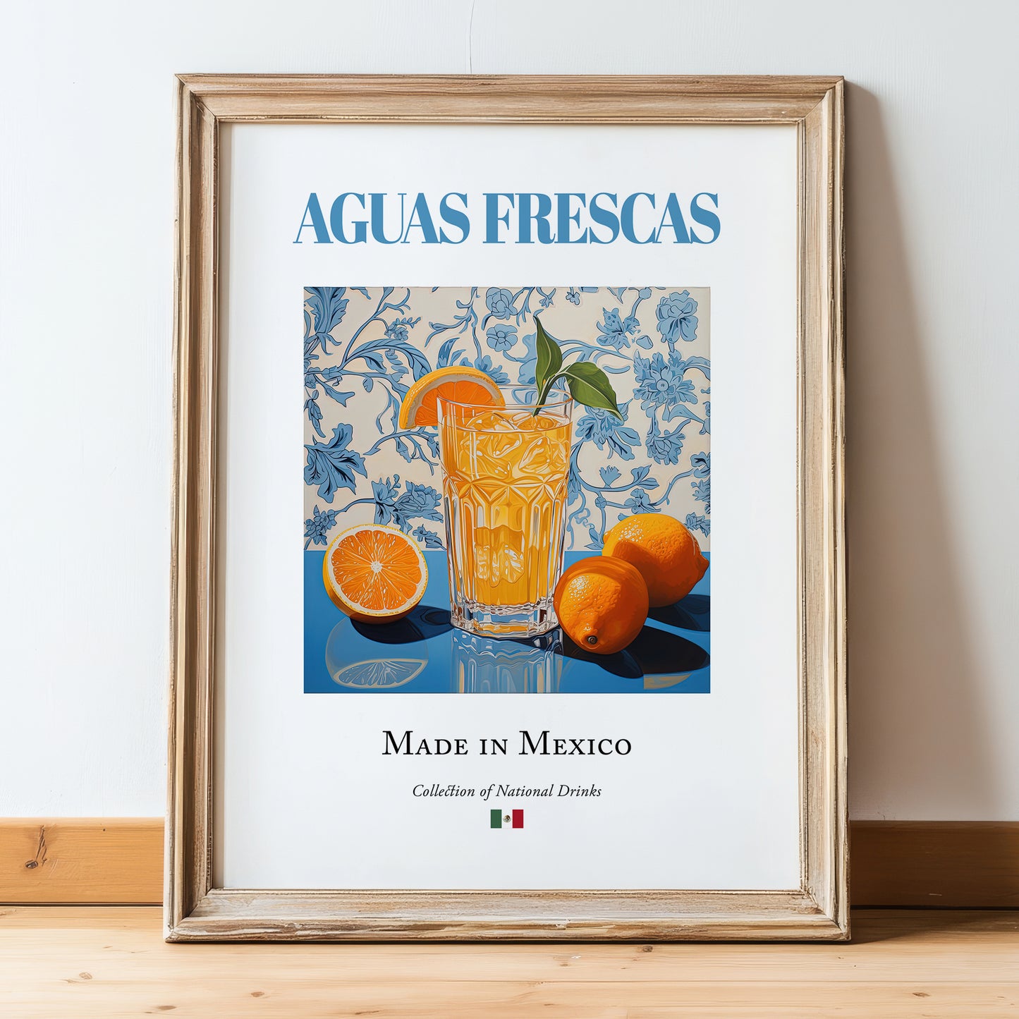 Aguas Frescas – Mexican Beverage Drink, Sky Bar Poster, in wooden frame leaning on the floor
