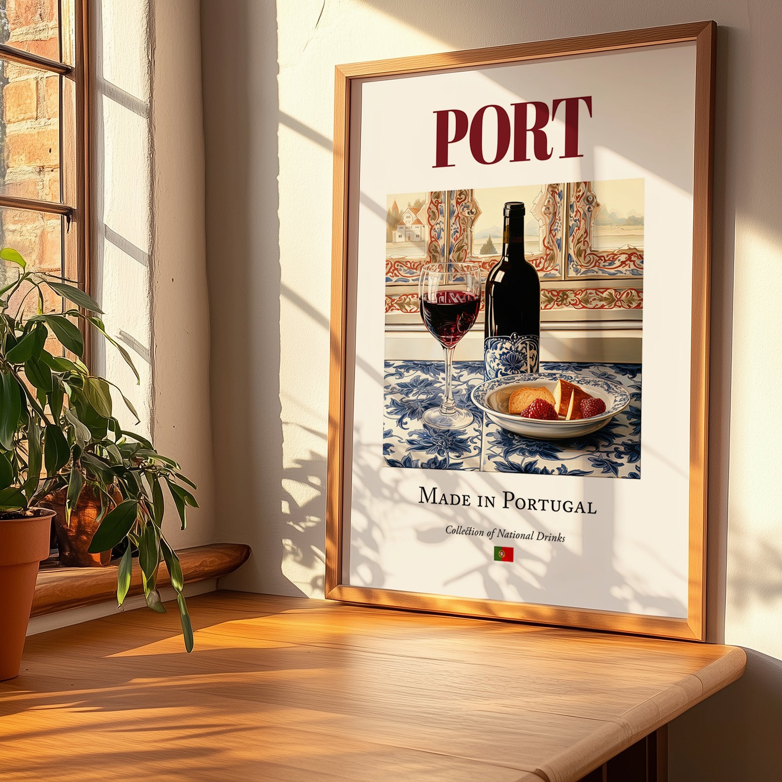Port – Portuguese Dessert Wine, Vineyard Terrace Poster, no-text version framed in wood