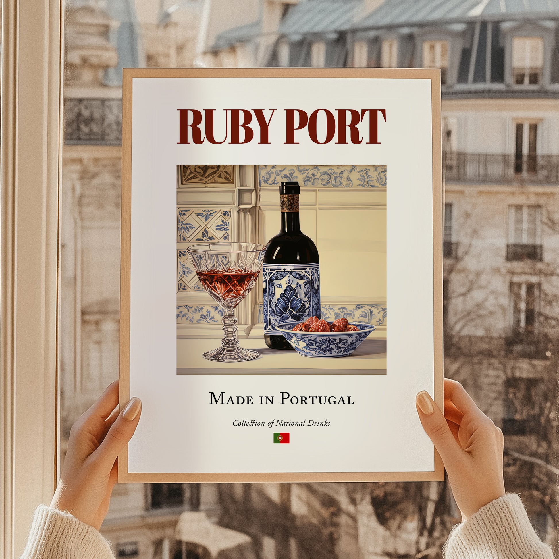 Ruby Port – Portuguese Dessert Wine, Wine Bar Print, styled in a charming Paris street view