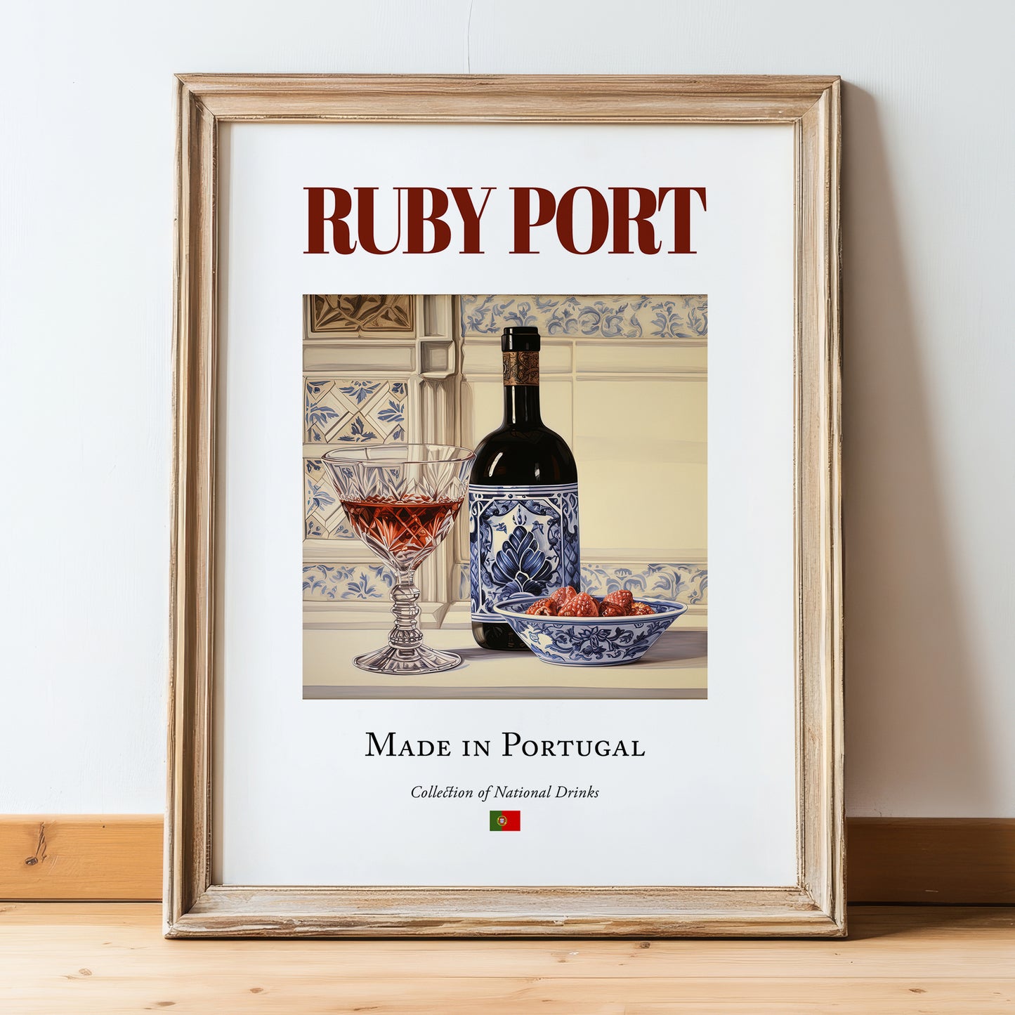 Ruby Port – Portuguese Dessert Wine, Wine Bar Print, in wooden frame leaning on the floor