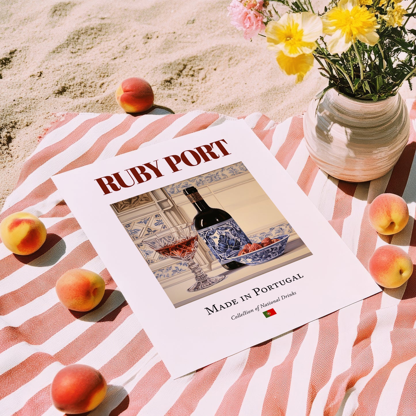 Ruby Port – Portuguese Dessert Wine, Wine Bar Print, unframed on coastal sand