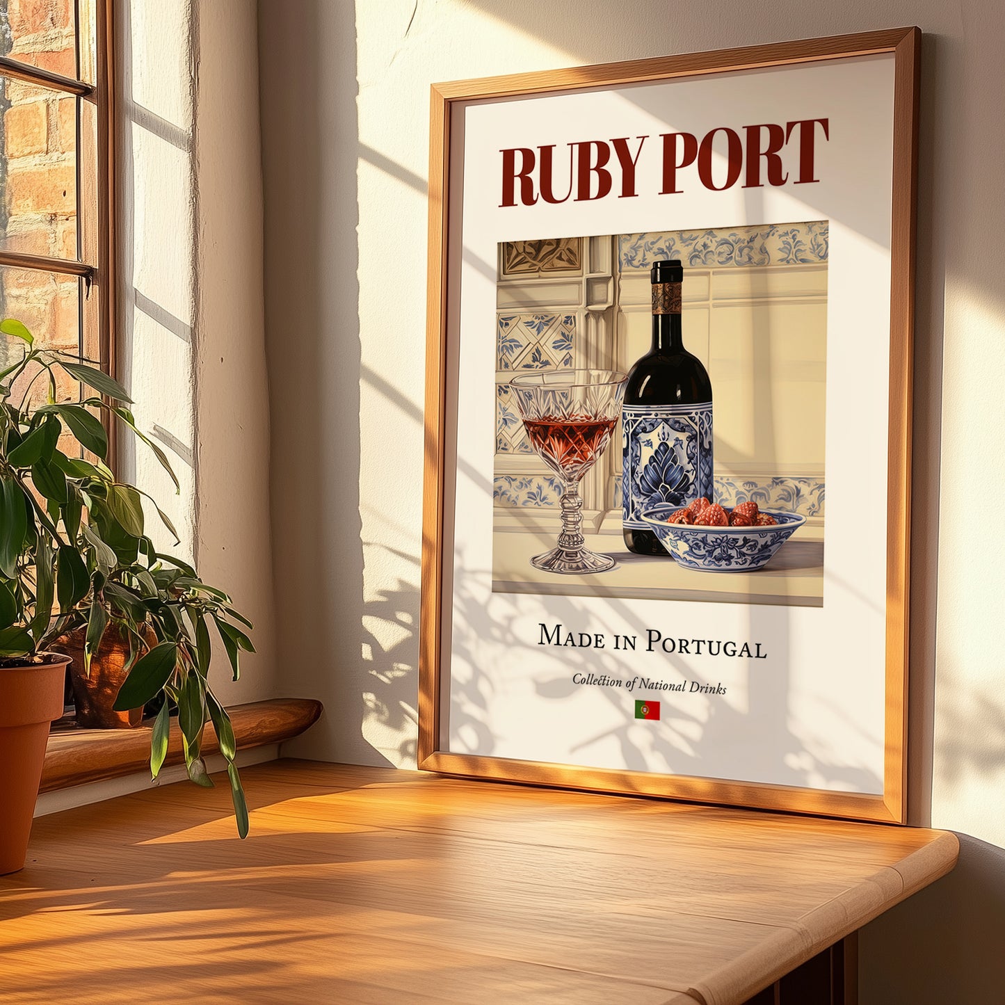 Ruby Port – Portuguese Dessert Wine, Wine Bar Print, no-text version framed in wood