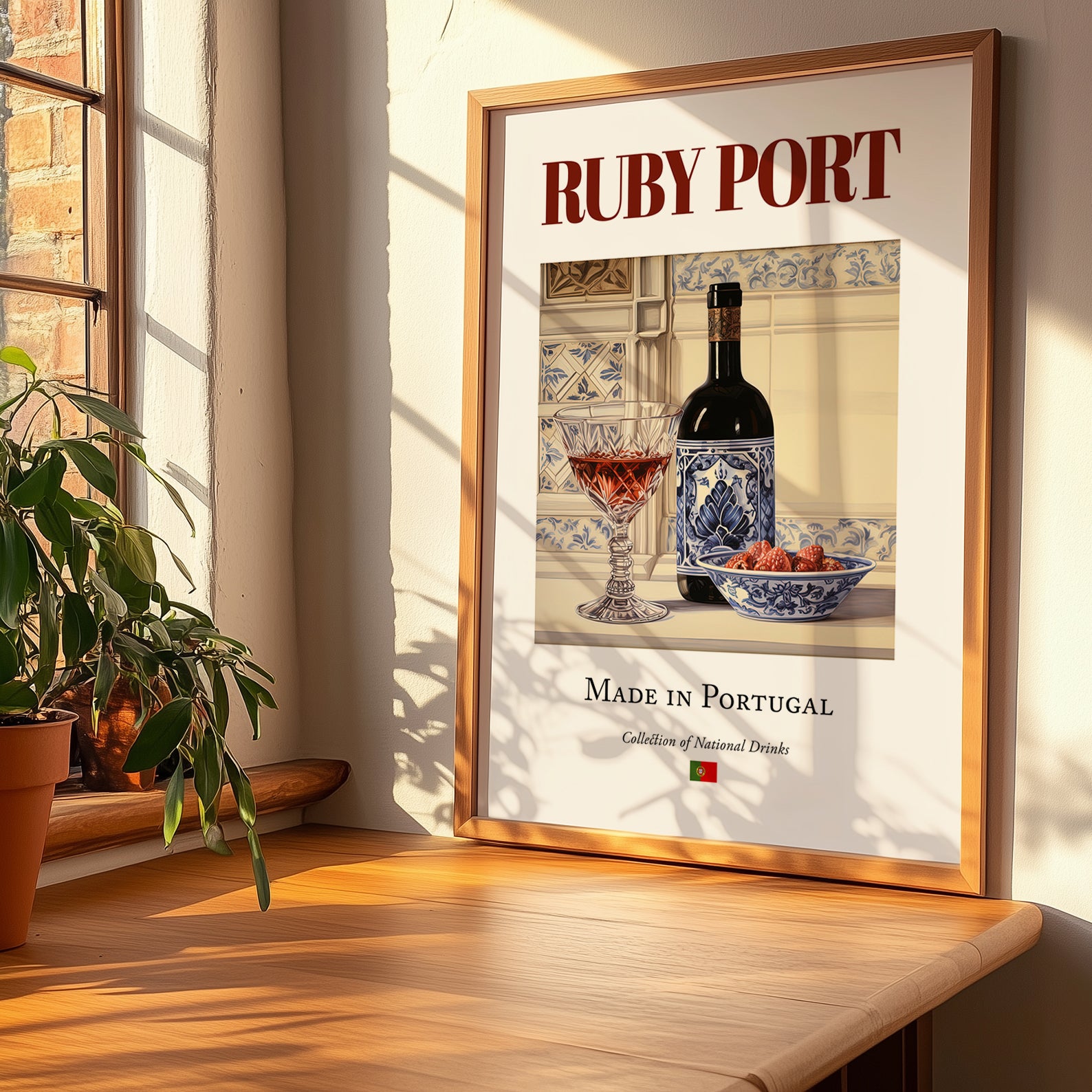 Ruby Port – Portuguese Dessert Wine, Wine Bar Print, no-text version framed in wood
