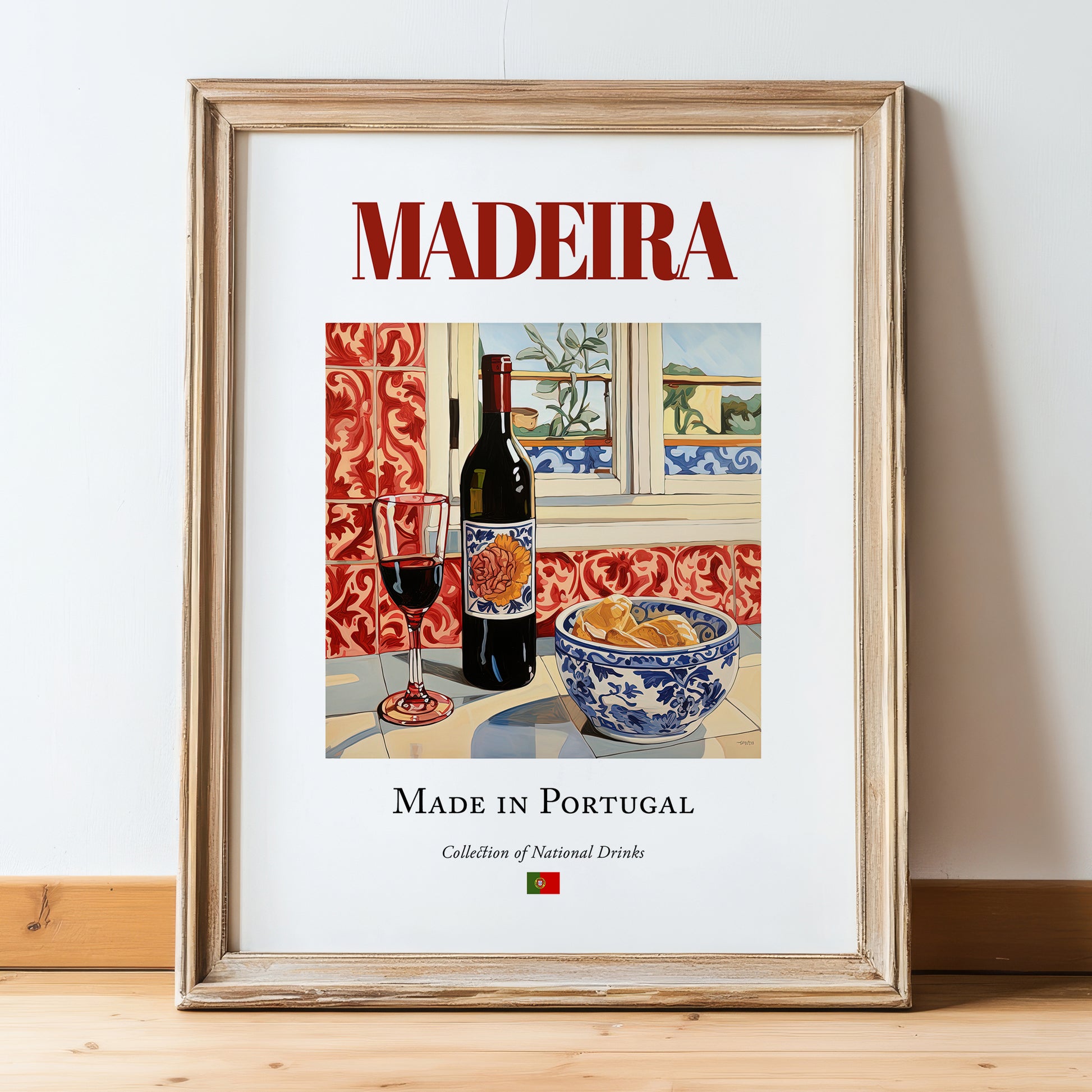 Madeira (wine) – Portuguese Dessert Wine, Wine Bar Wall Art, in wooden frame leaning on the floor