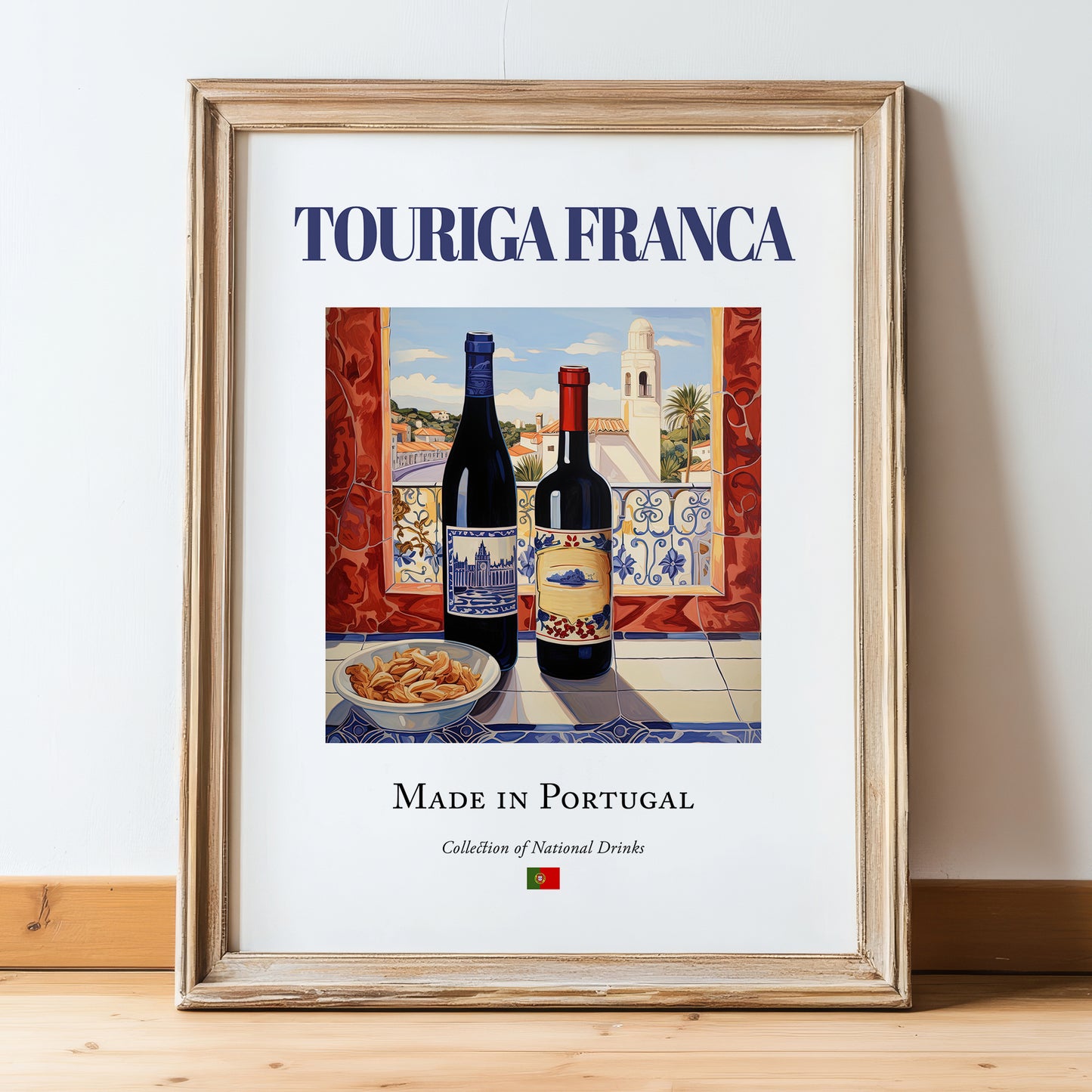Touriga Franca – Portuguese Red Wine, Wine Bar Print, in wooden frame leaning on the floor