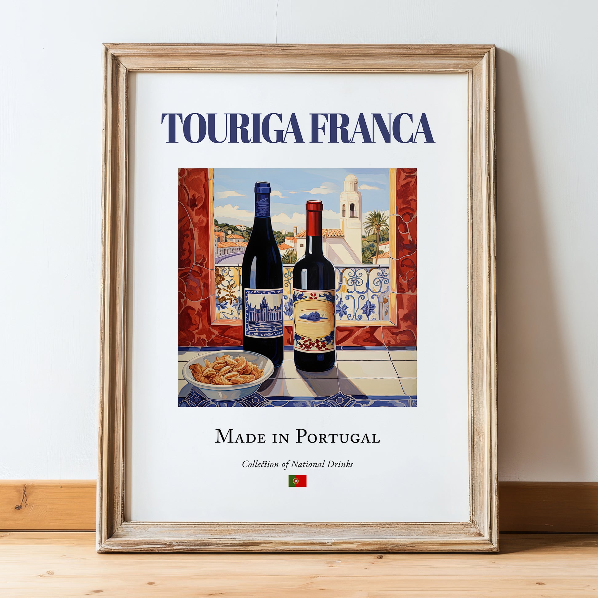 Touriga Franca – Portuguese Red Wine, Wine Bar Print, in wooden frame leaning on the floor