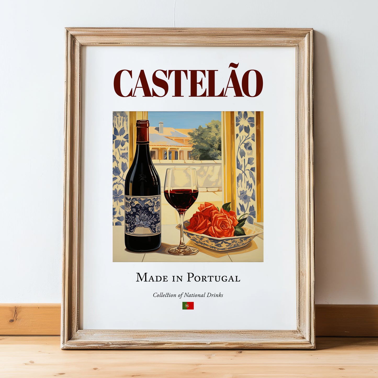 Castelão – Portuguese Red Wine, Wine Bar Poster, in wooden frame leaning on the floor