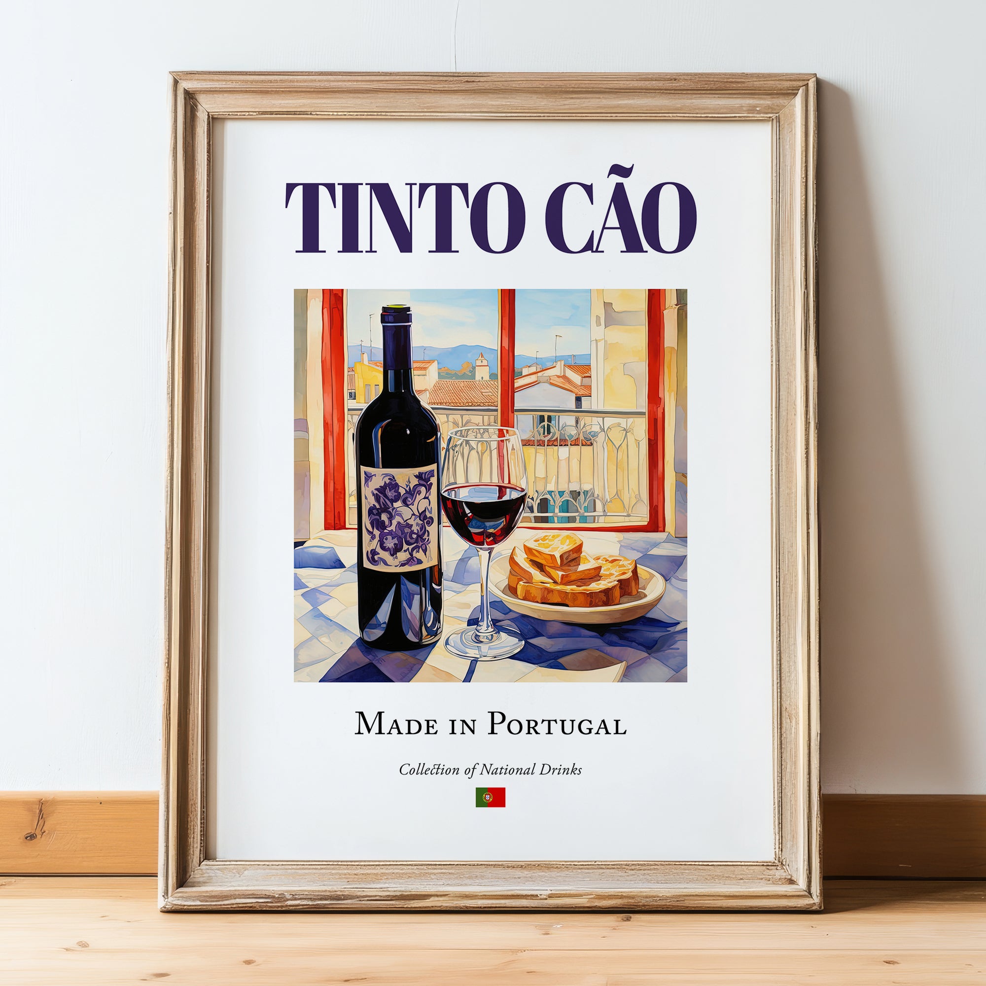 Tinto Cão – Portuguese Red Wine, Wine Bar Poster, in wooden frame leaning on the floor