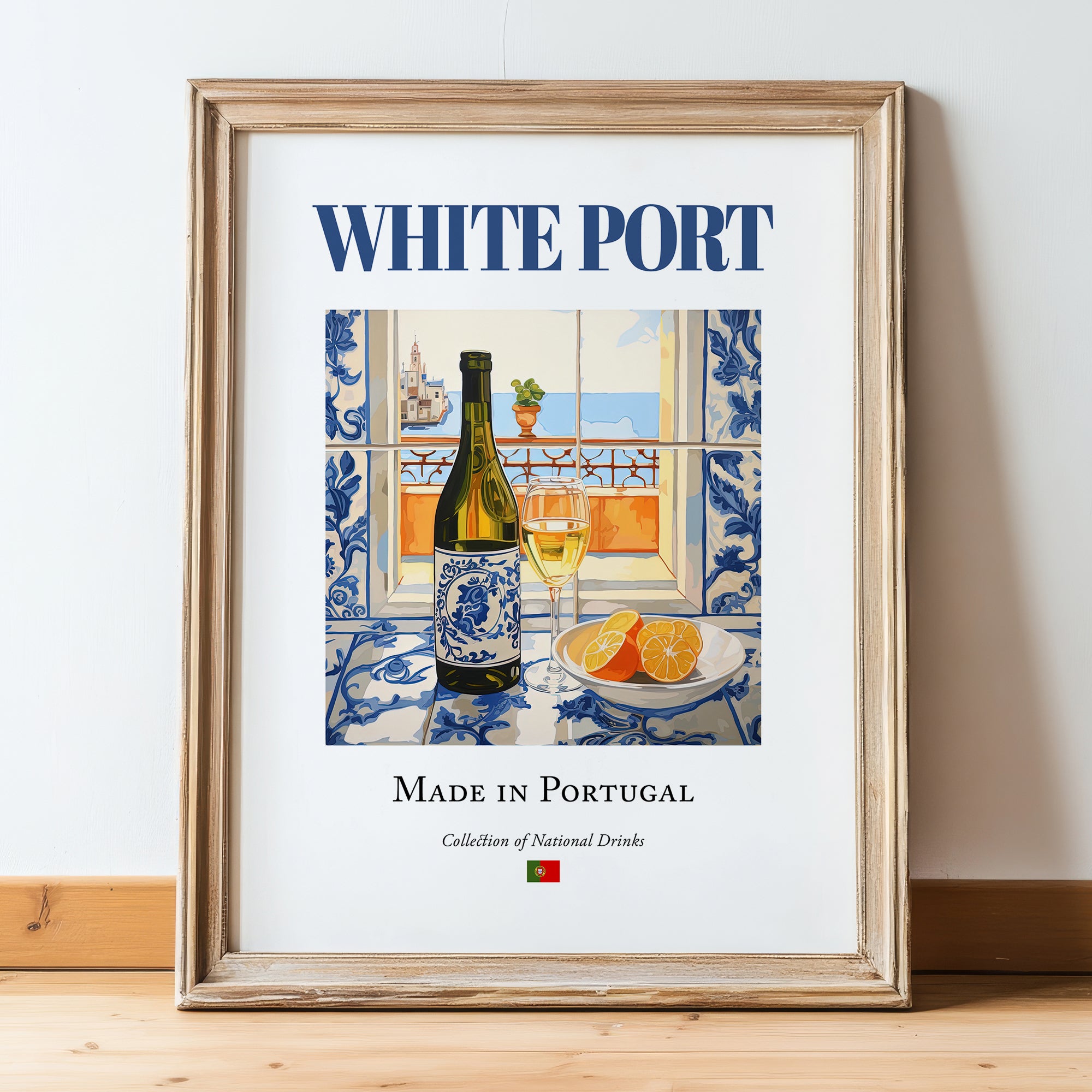White Port – Portuguese Dessert Wine, Tasting Room Wall Decor, in wooden frame leaning on the floor