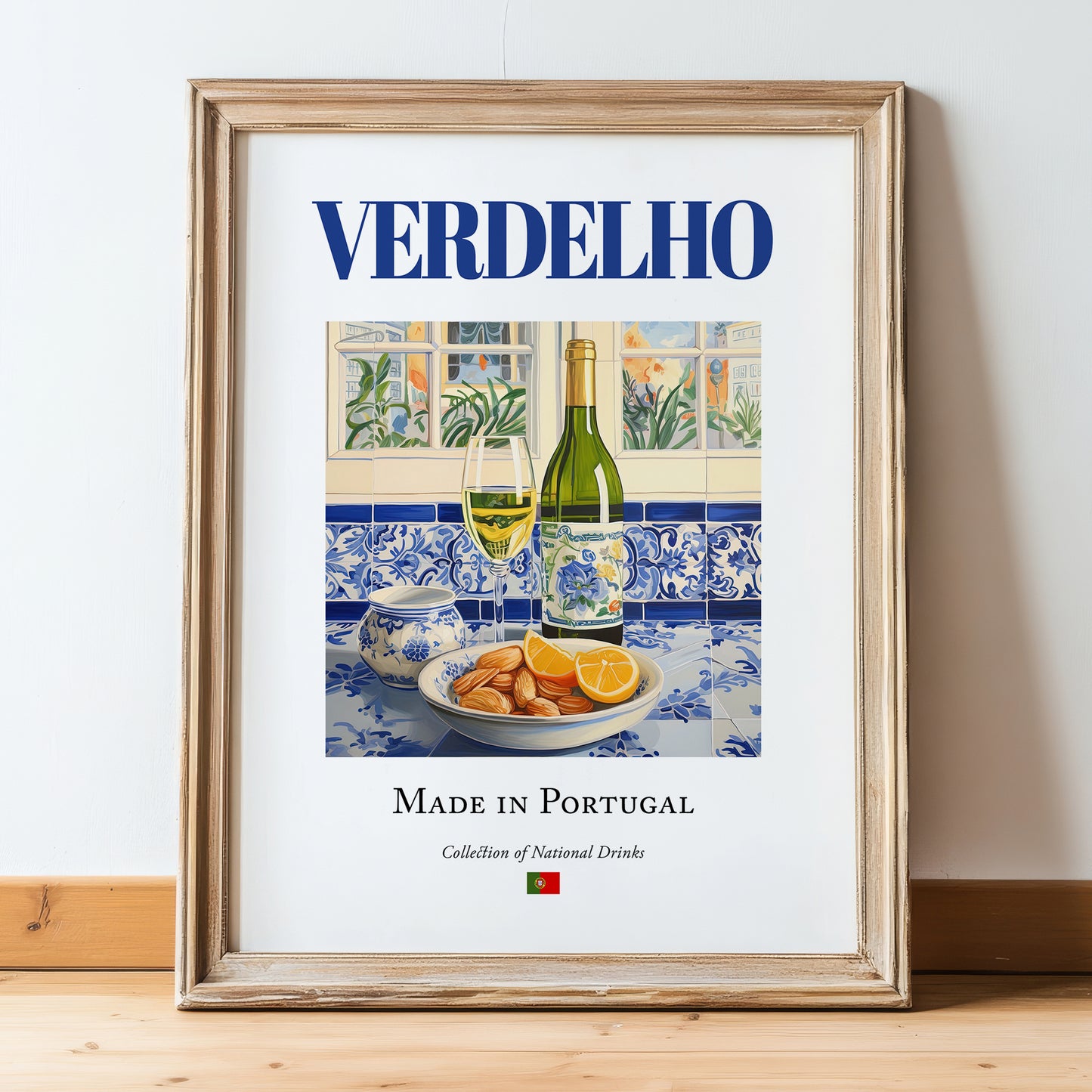 Verdelho – Portuguese White Wine, Vinoteca Illustration, in wooden frame leaning on the floor