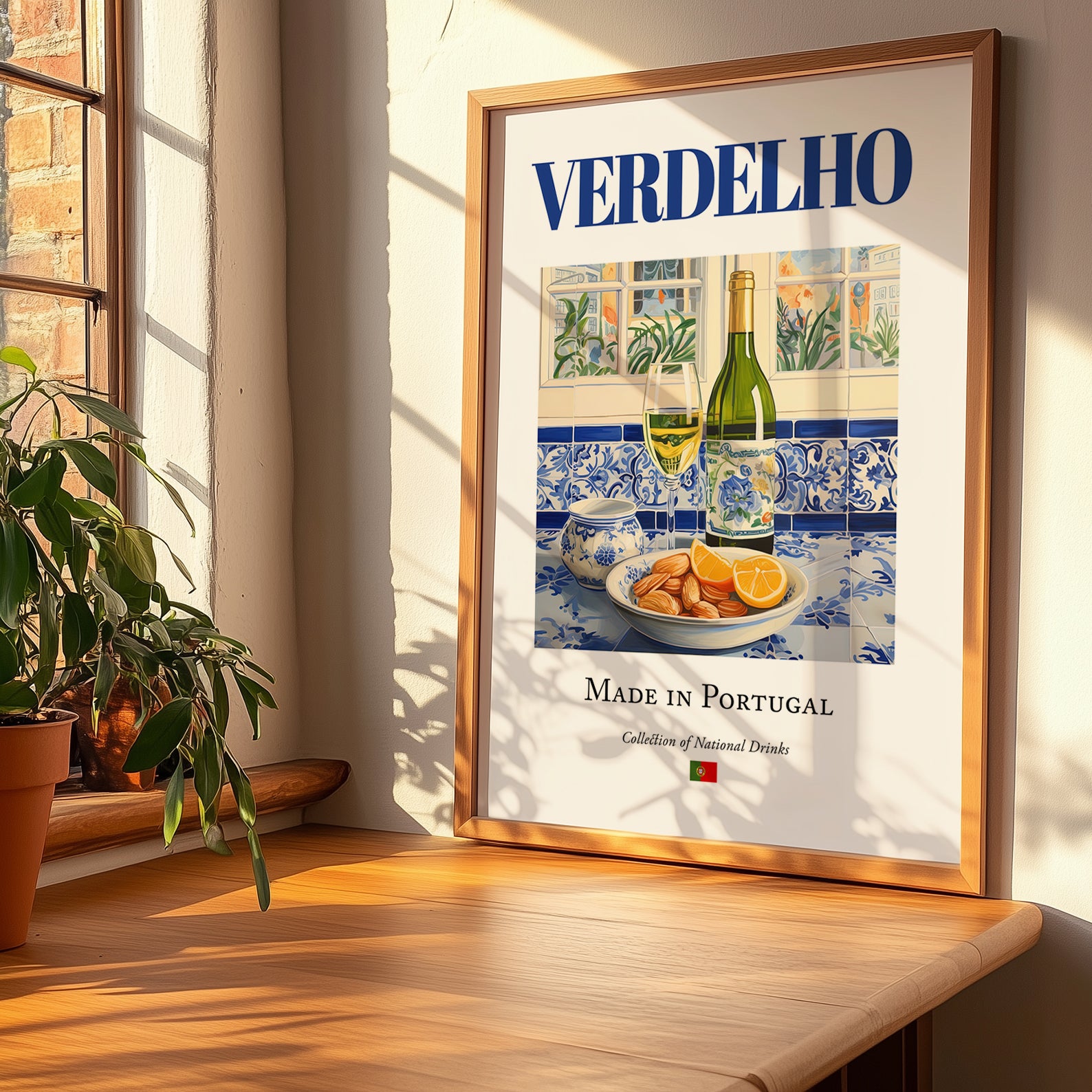 Verdelho – Portuguese White Wine, Vinoteca Illustration, no-text version framed in wood