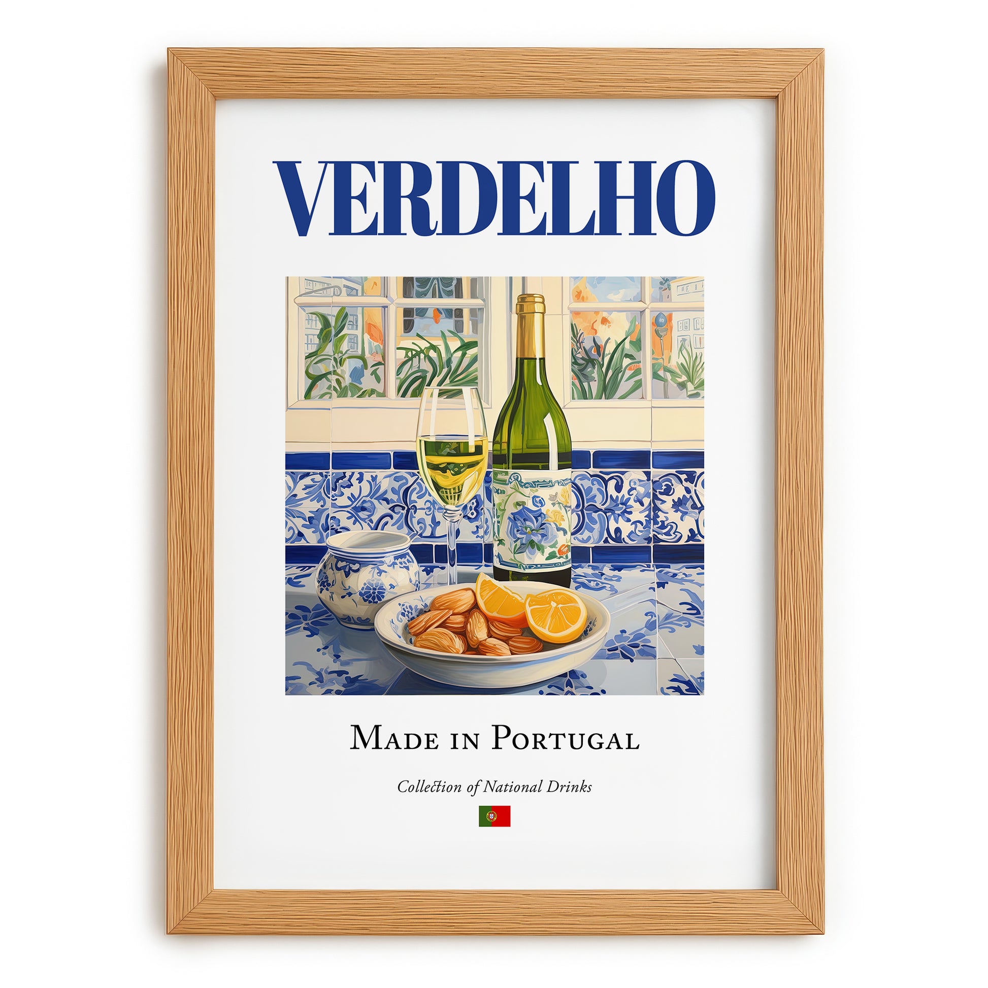 Verdelho – Portuguese White Wine, Vinoteca Illustration, set in oak frame