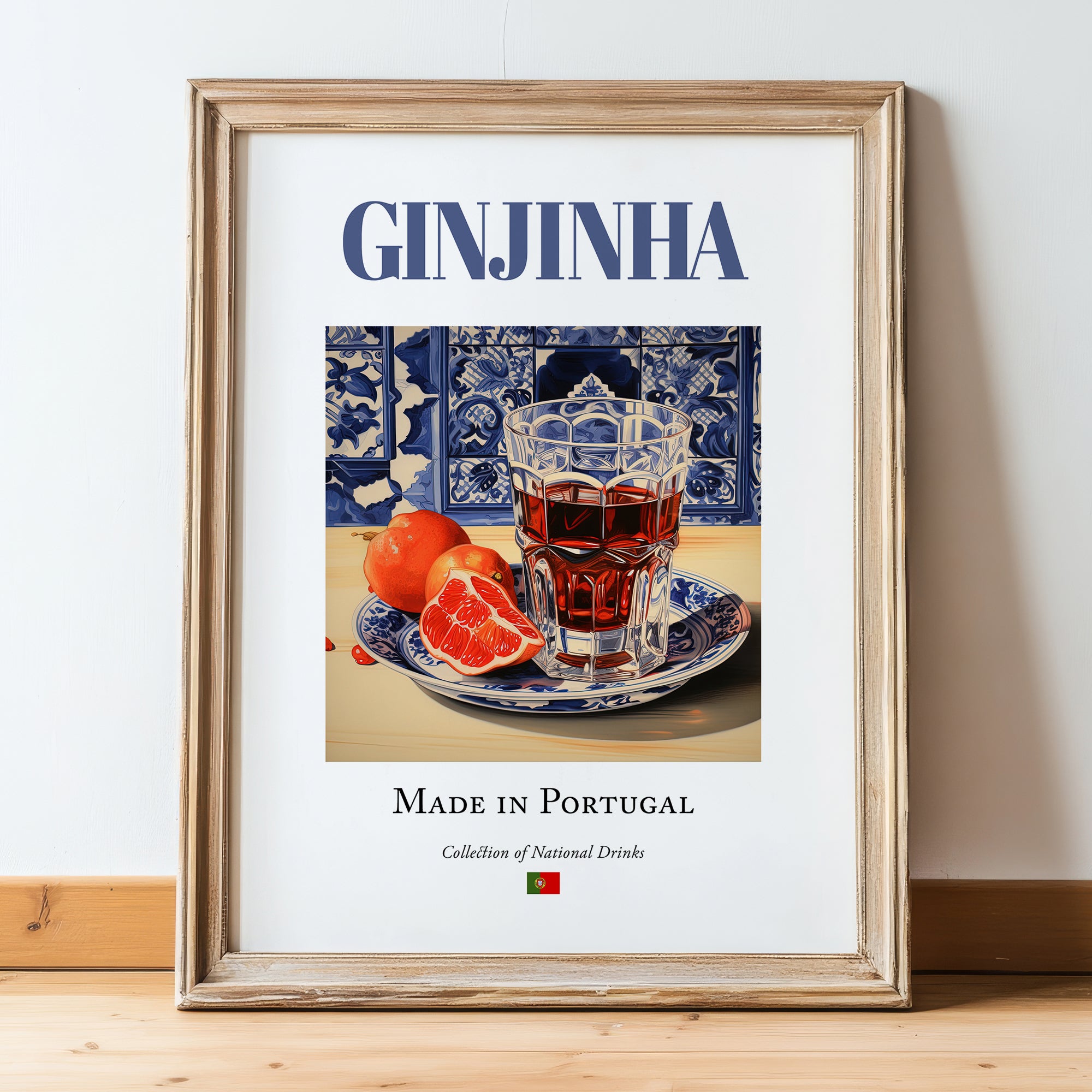 Ginjinha – Portuguese Spirit Drink, Rooftop Terrace Painting, in wooden frame leaning on the floor