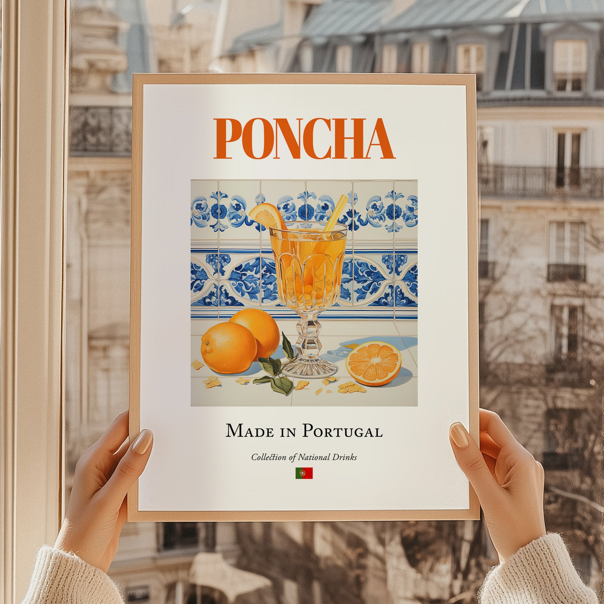Poncha – Portuguese Liqueur Drink, Sky Bar Illustration, styled in a charming Paris street view