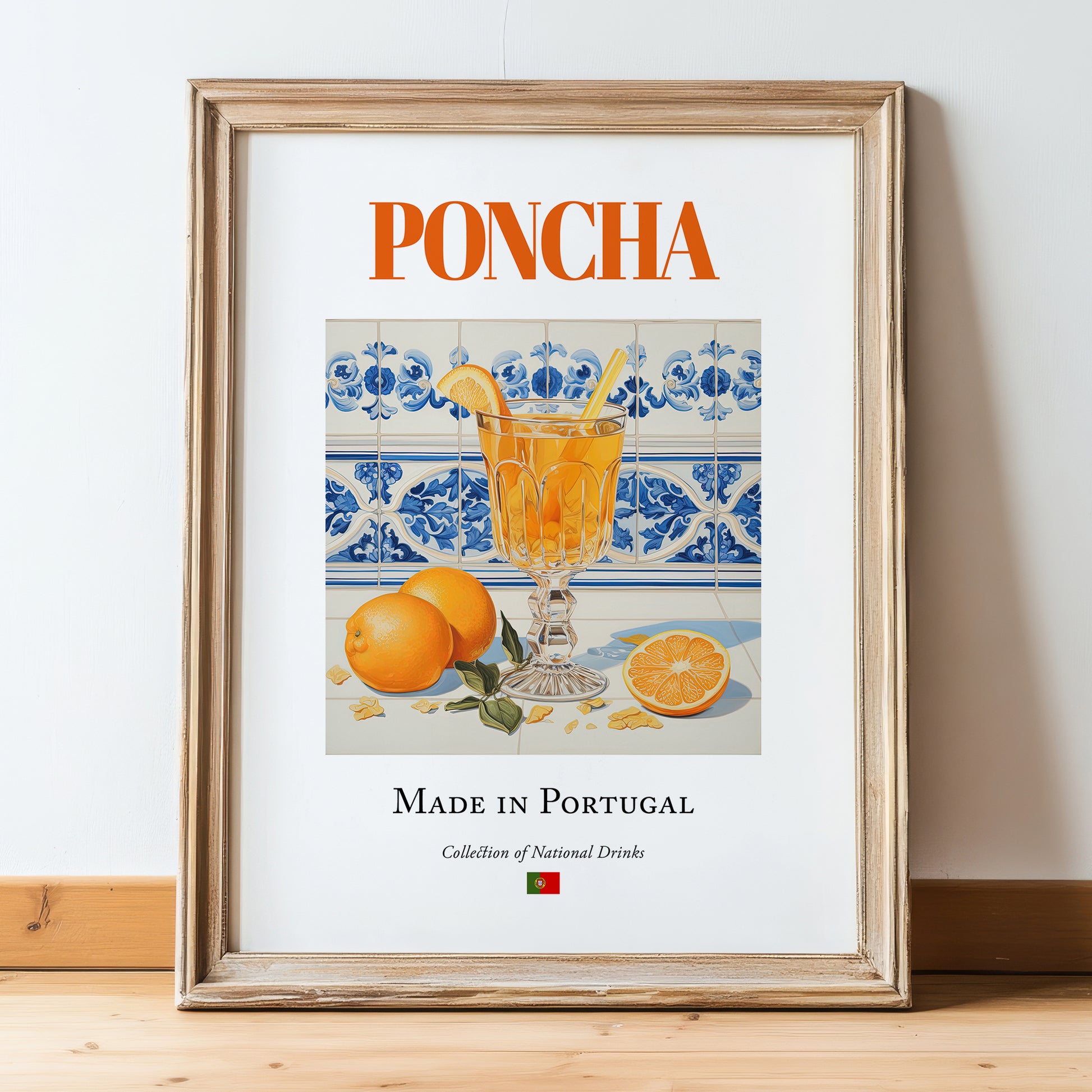 Poncha – Portuguese Liqueur Drink, Sky Bar Illustration, in wooden frame leaning on the floor