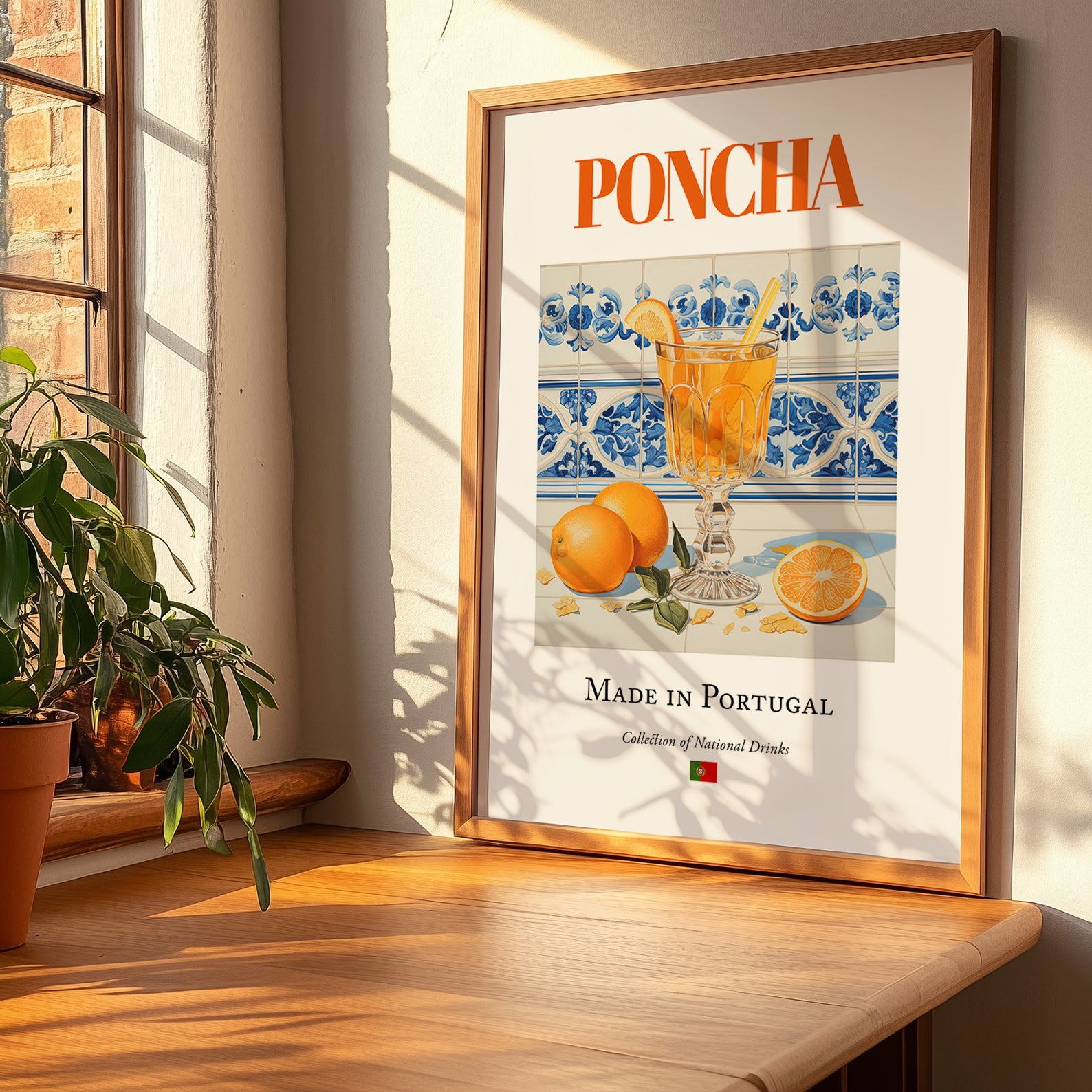Poncha – Portuguese Liqueur Drink, Sky Bar Illustration, no-text version framed in wood