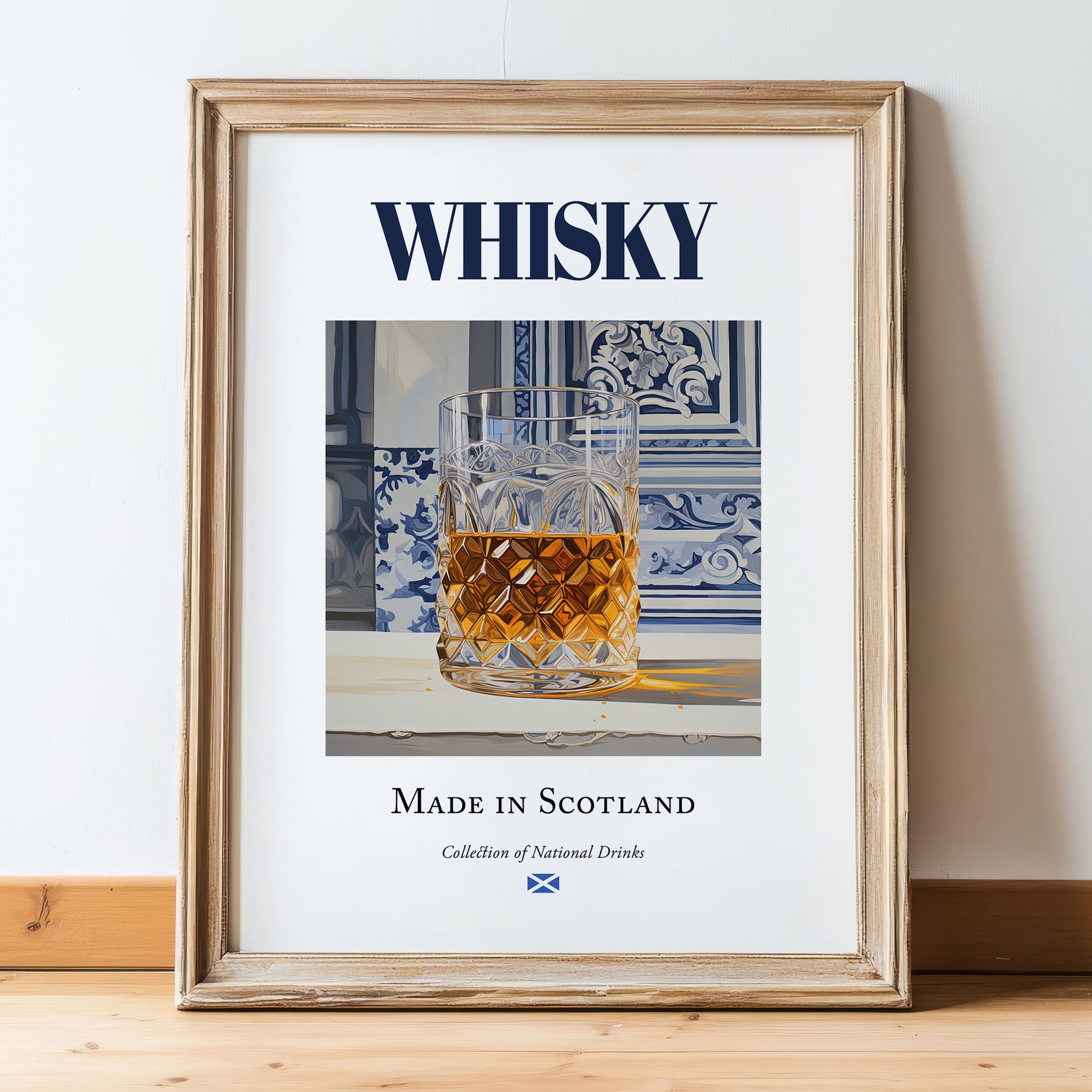 Whisky – Scottish Spirit Drink, Beach Bar Poster, in wooden frame leaning on the floor