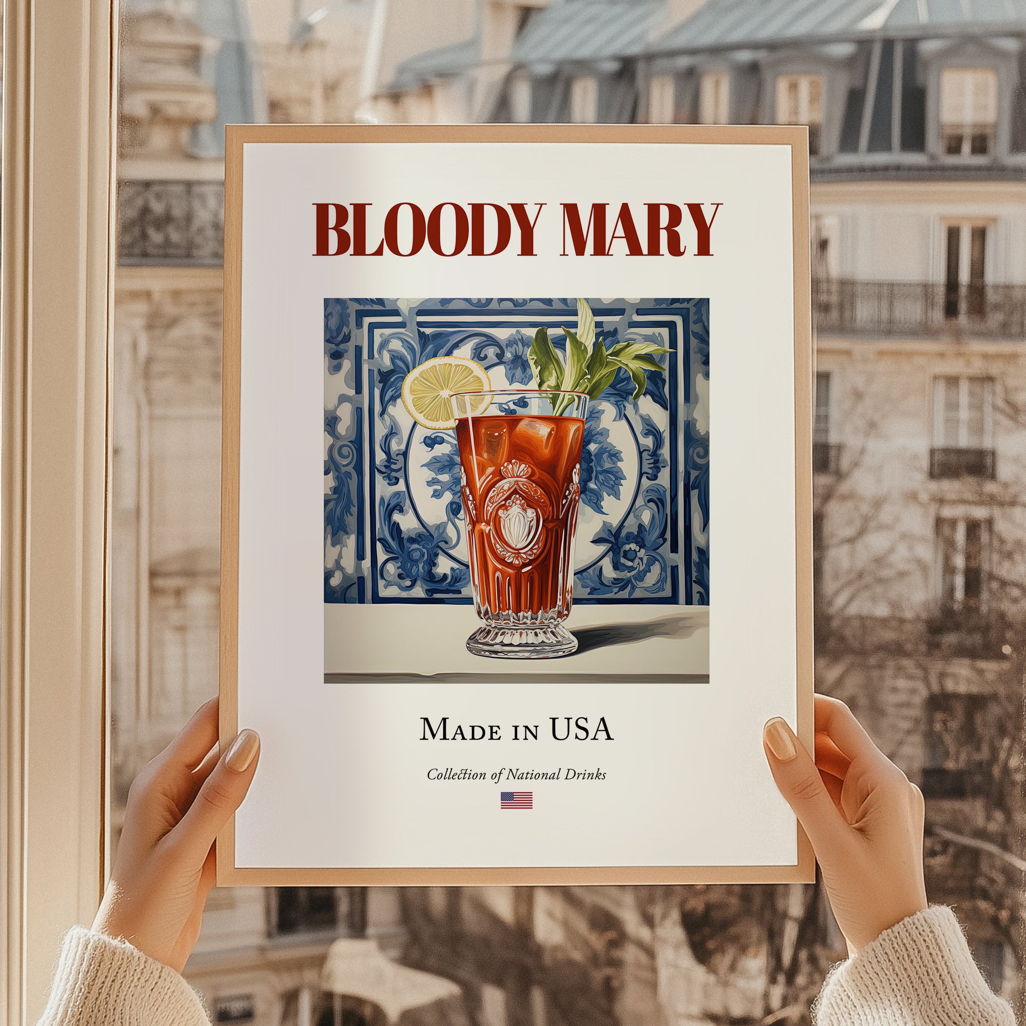 Bloody Mary – American Cocktail Drink, Beach Bar Illustration, styled in a charming Paris street view