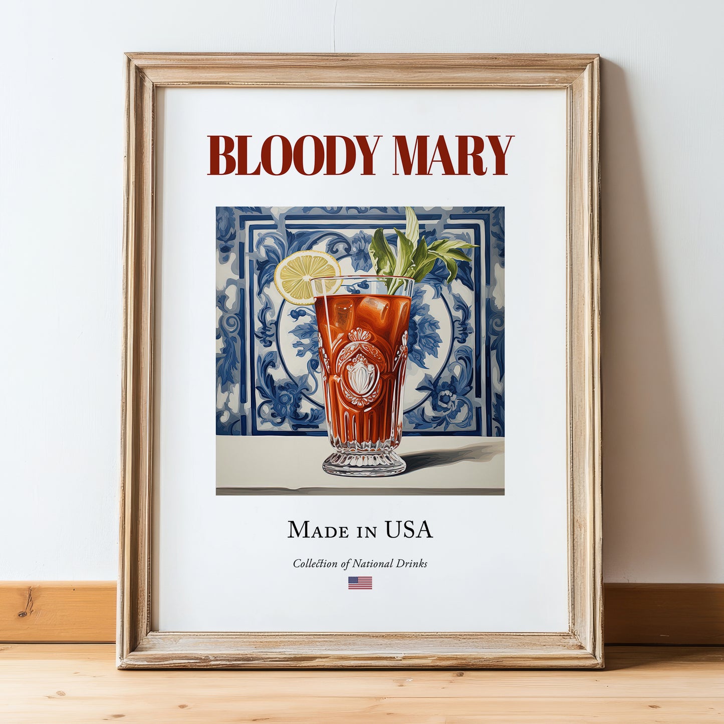 Bloody Mary – American Cocktail Drink, Beach Bar Illustration, in wooden frame leaning on the floor