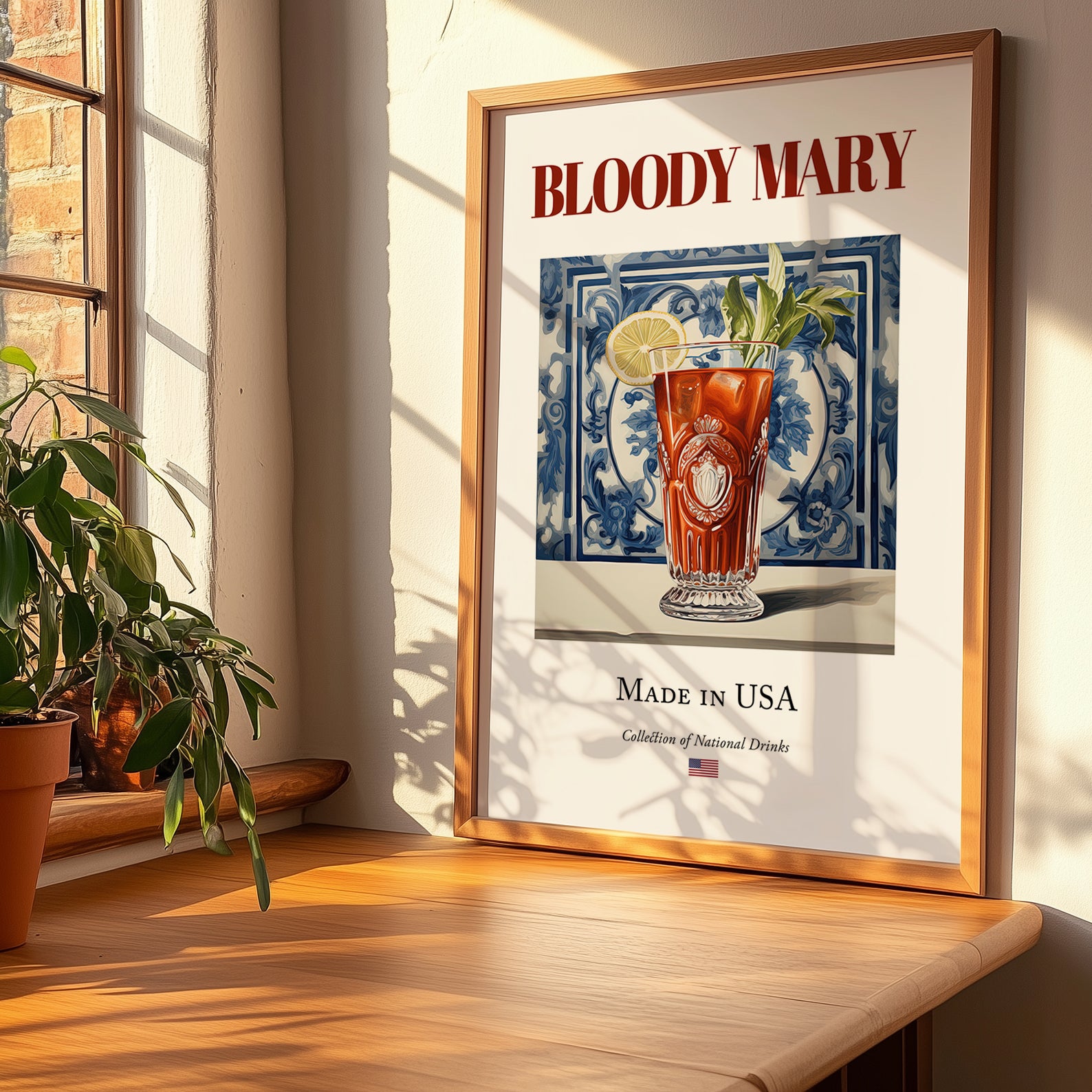 Bloody Mary – American Cocktail Drink, Beach Bar Illustration, no-text version framed in wood