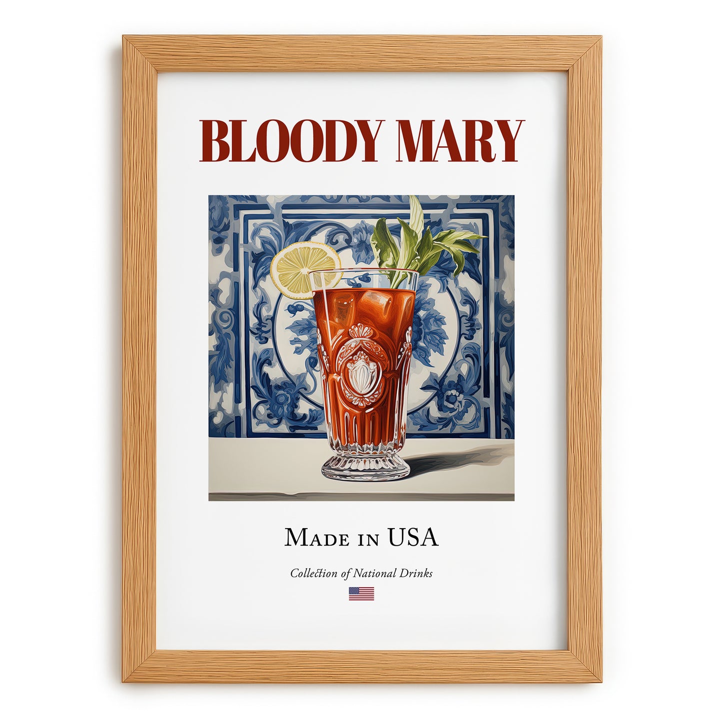 Bloody Mary – American Cocktail Drink, Beach Bar Illustration, set in oak frame