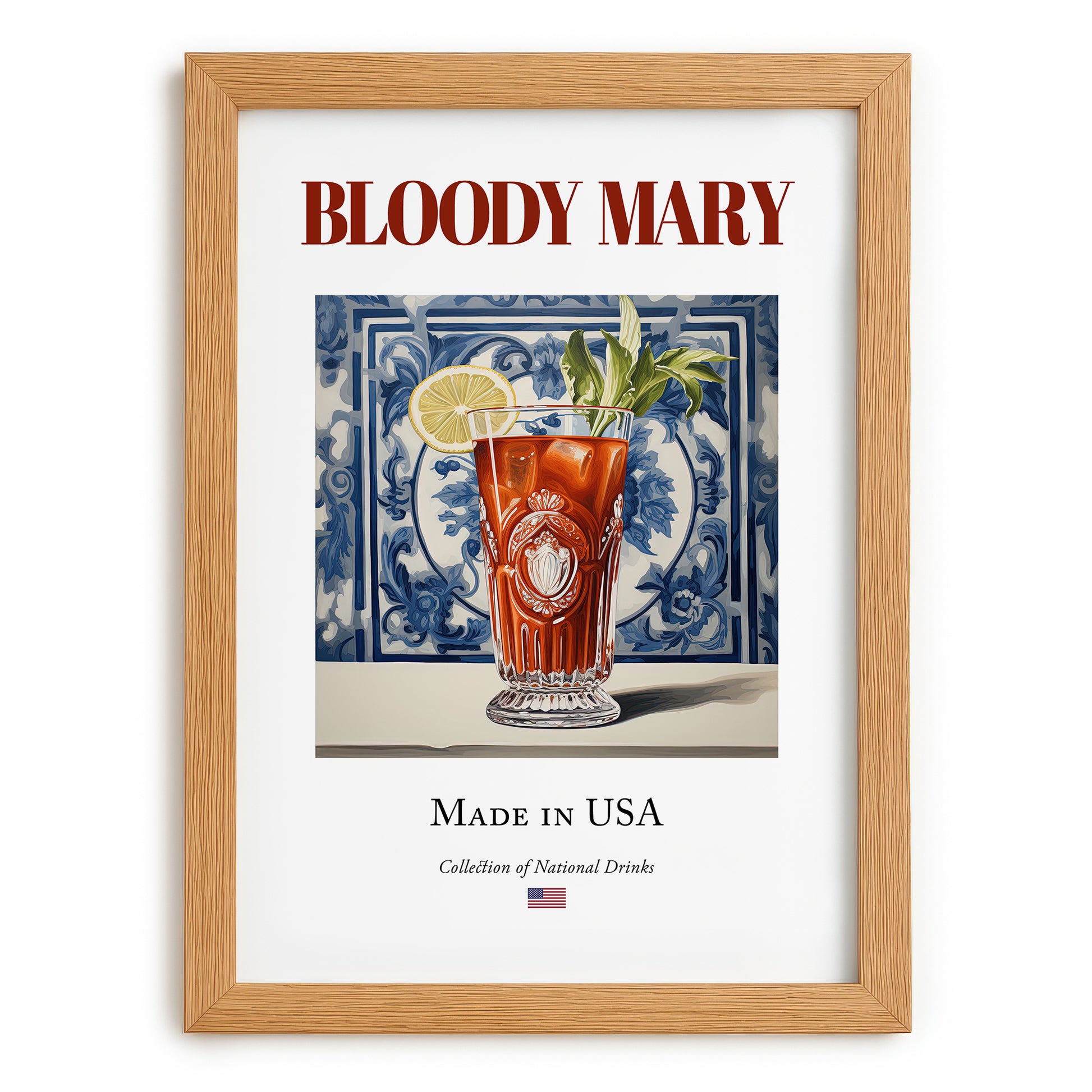Bloody Mary – American Cocktail Drink, Beach Bar Illustration, set in oak frame