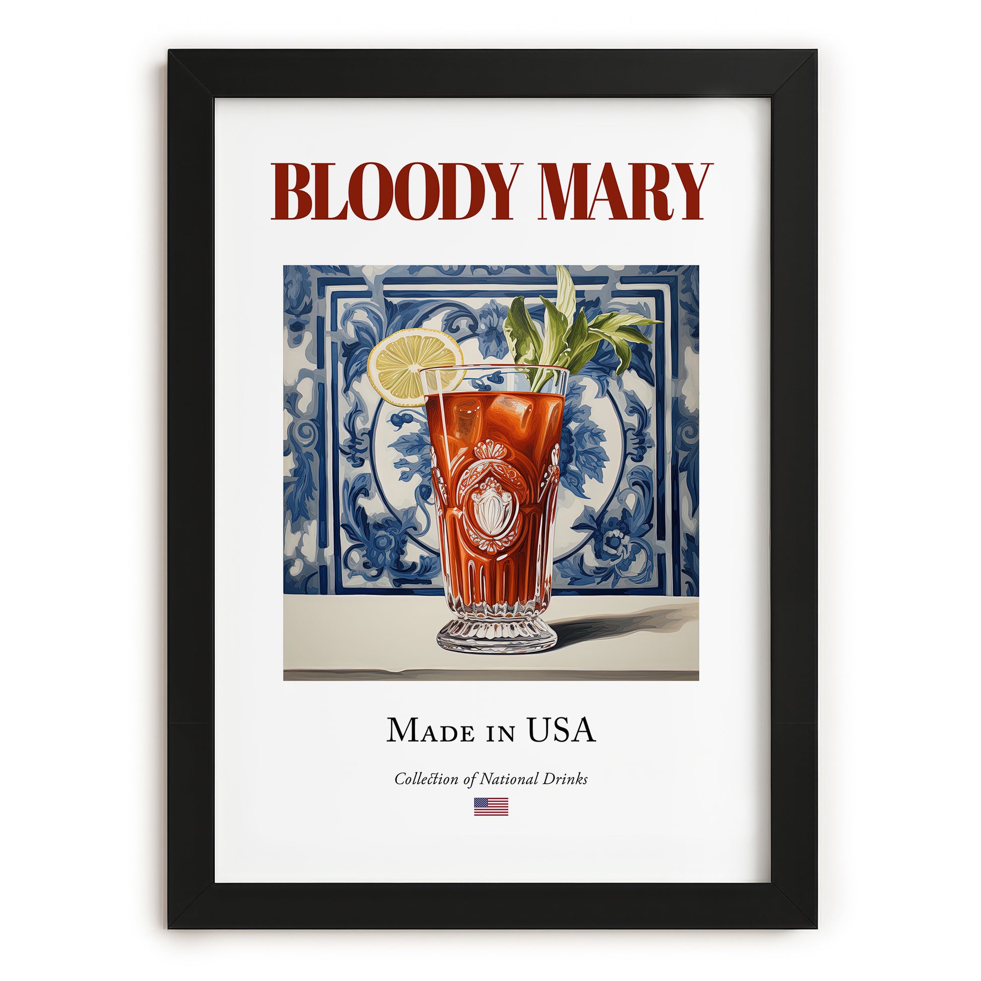Bloody Mary – American Cocktail Drink, Beach Bar Illustration, in sleek black frame