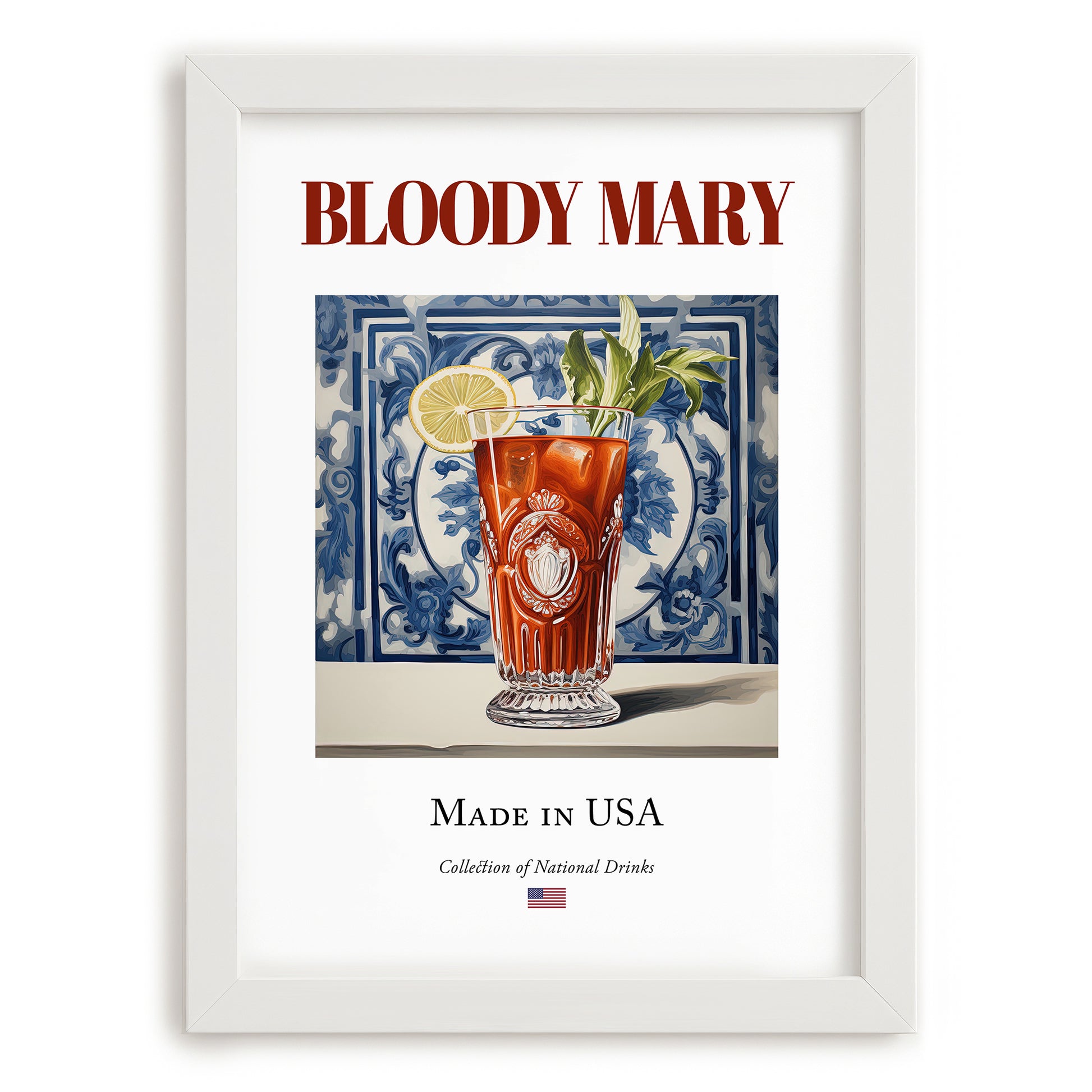 Bloody Mary – American Cocktail Drink, Beach Bar Illustration, placed in minimal white frame