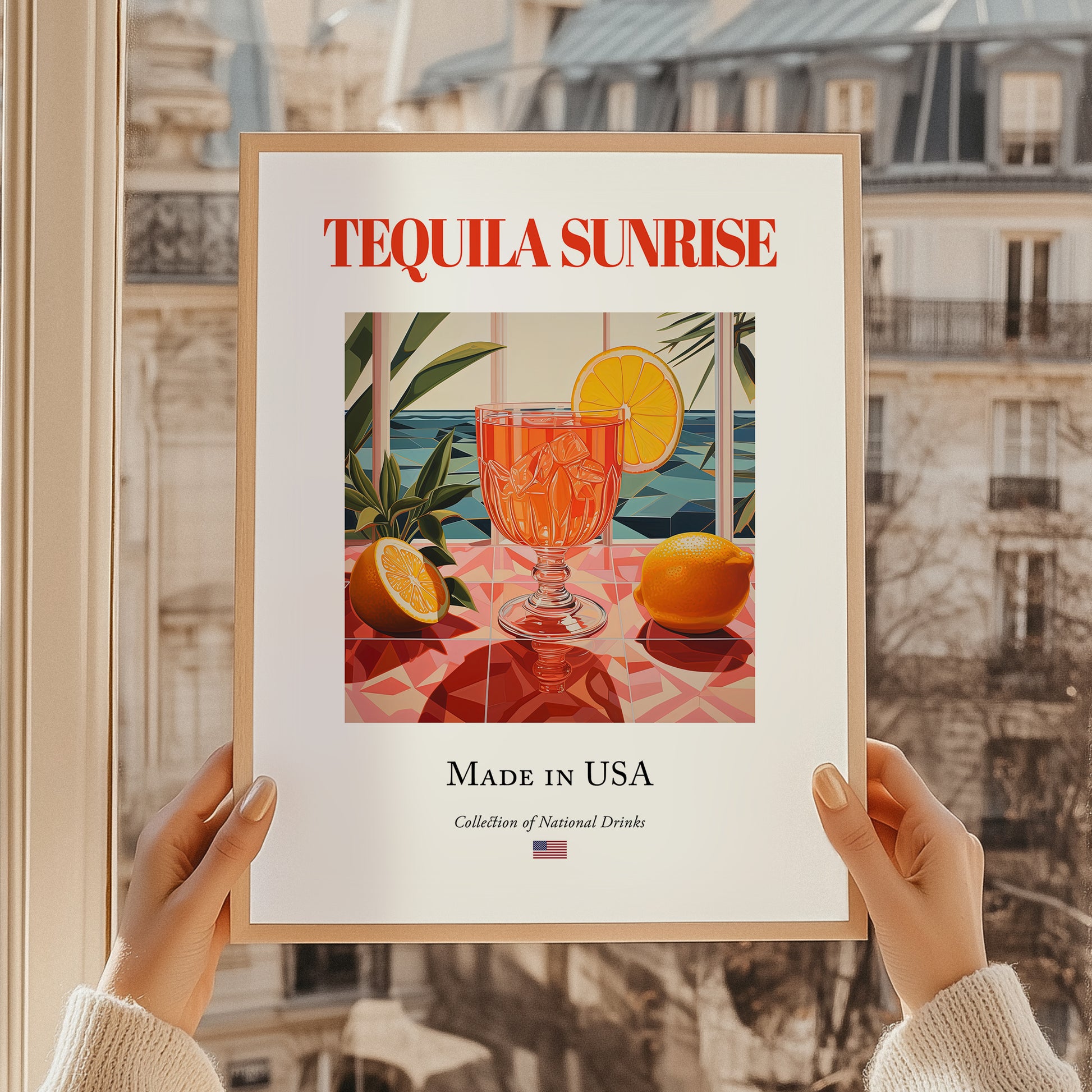 Tequila Sunrise – American Cocktail Drink, Rooftop Terrace Poster, styled in a charming Paris street view