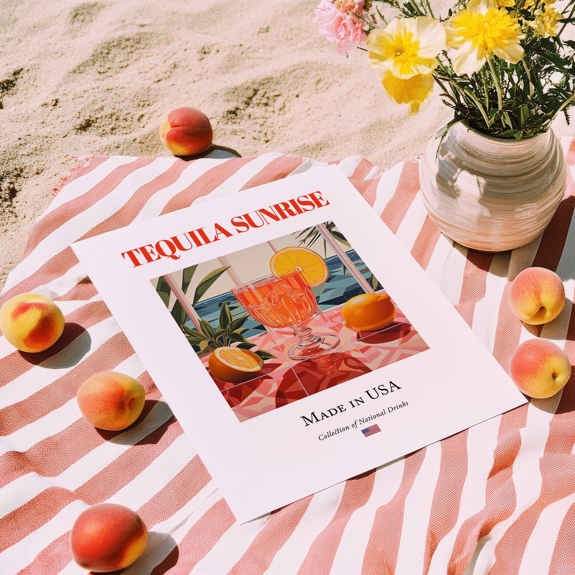 Tequila Sunrise – American Cocktail Drink, Rooftop Terrace Poster, unframed on coastal sand