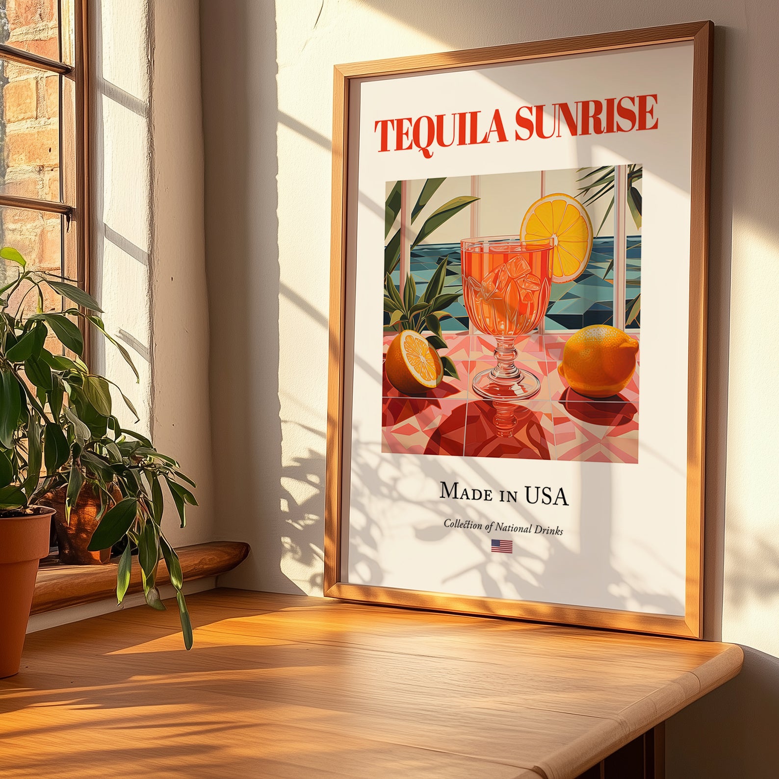 Tequila Sunrise – American Cocktail Drink, Rooftop Terrace Poster, no-text version framed in wood