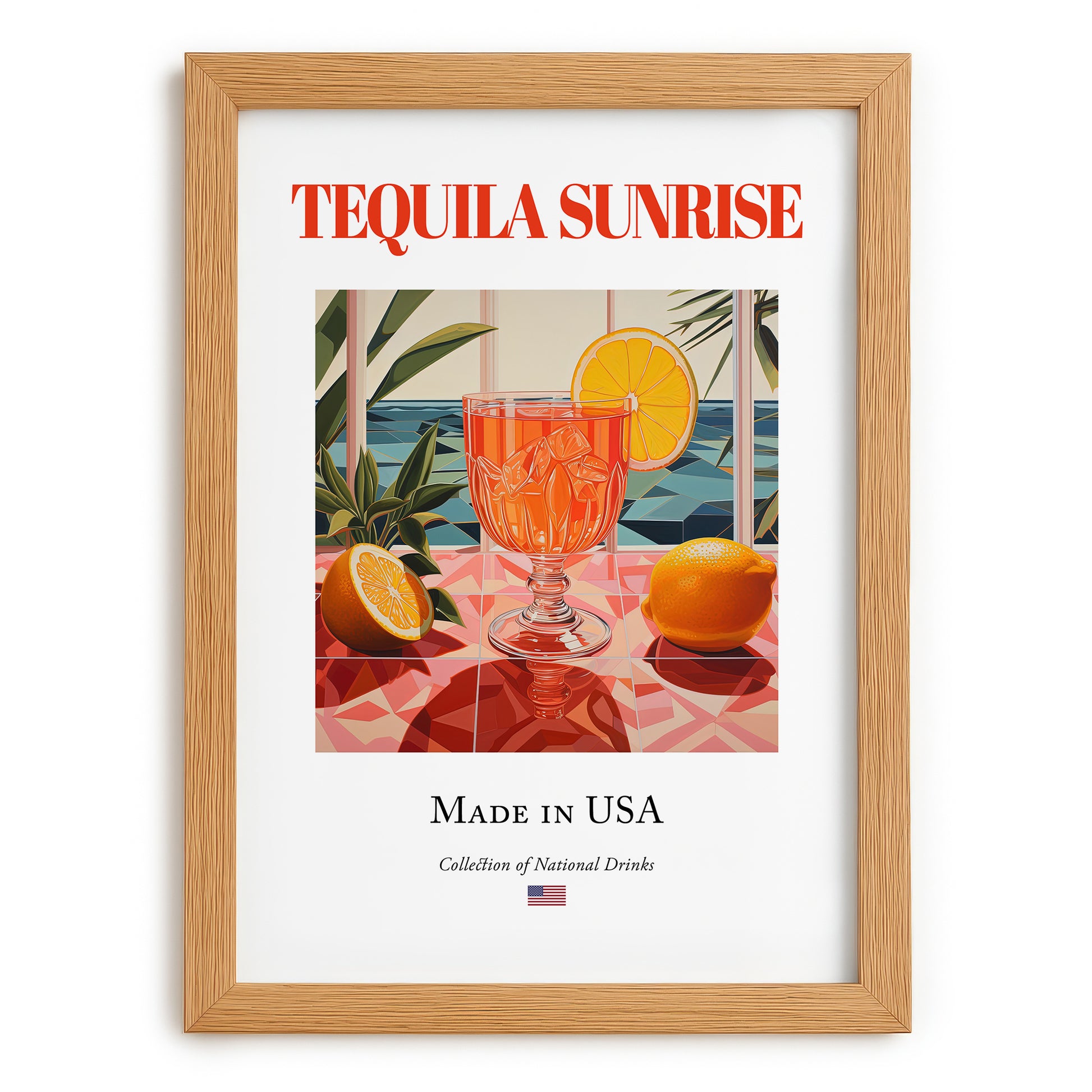 Tequila Sunrise – American Cocktail Drink, Rooftop Terrace Poster, set in oak frame
