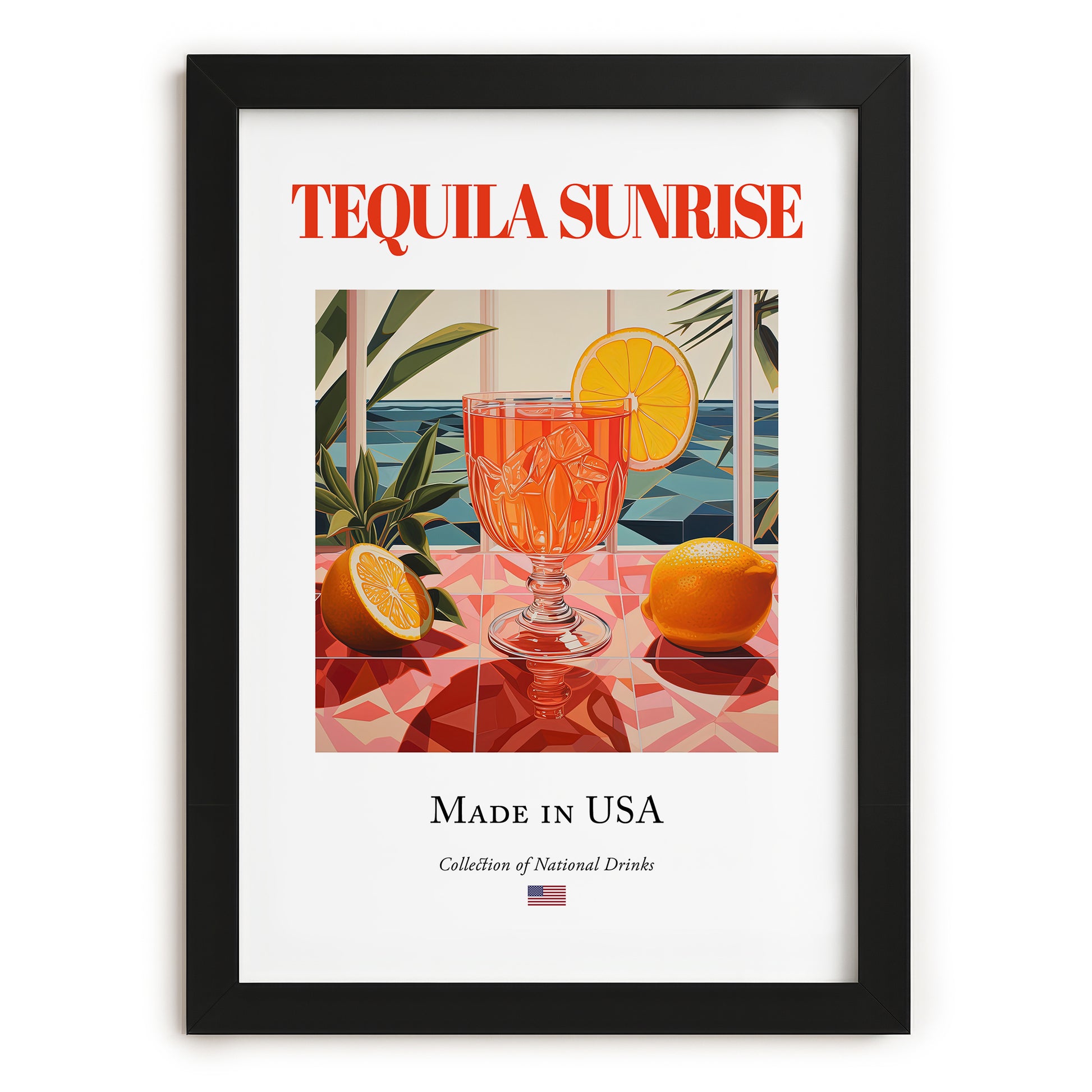 Tequila Sunrise – American Cocktail Drink, Rooftop Terrace Poster, in sleek black frame