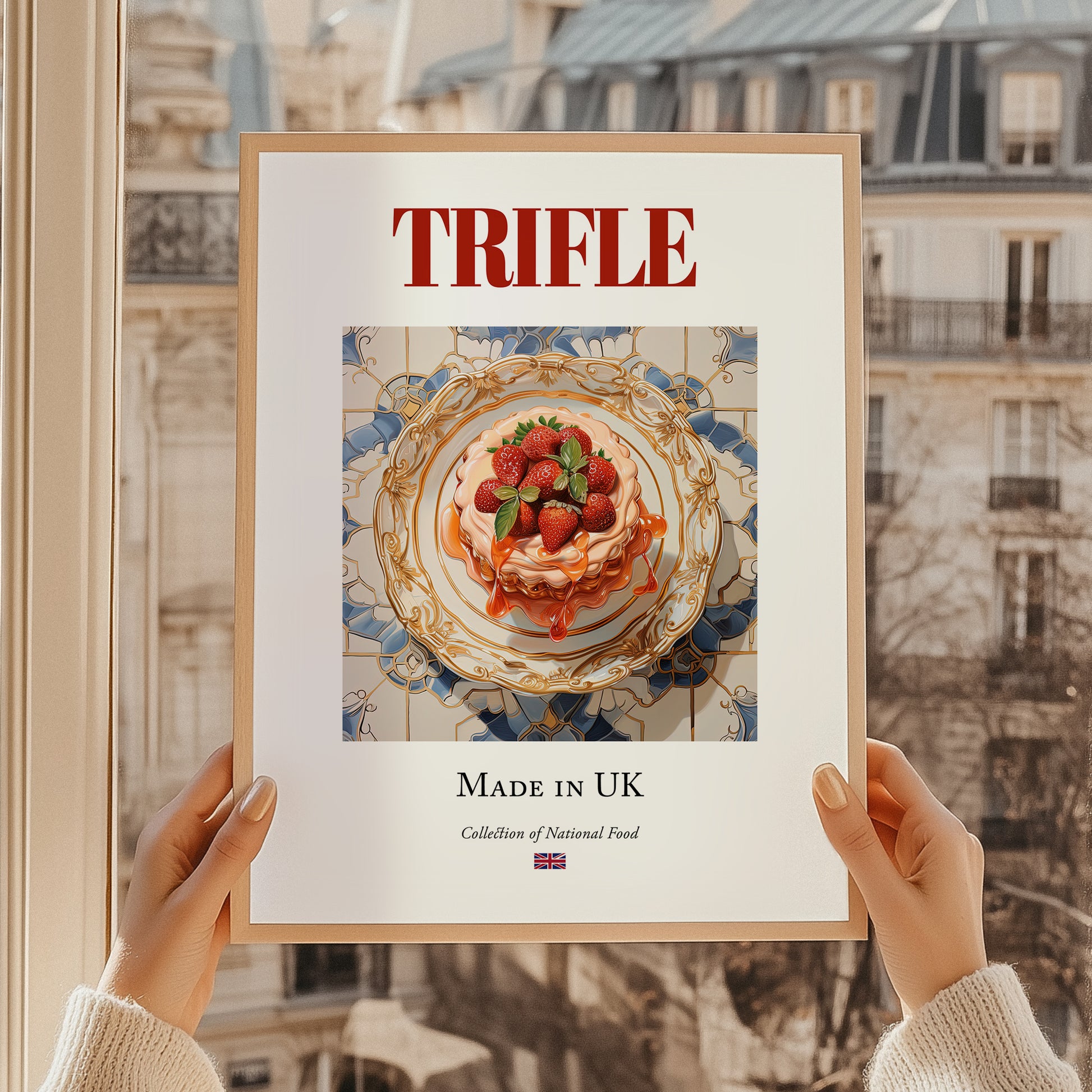 Trifle – English Dessert Dish, Fine Dining Restaurant Poster, styled in a charming Paris street view