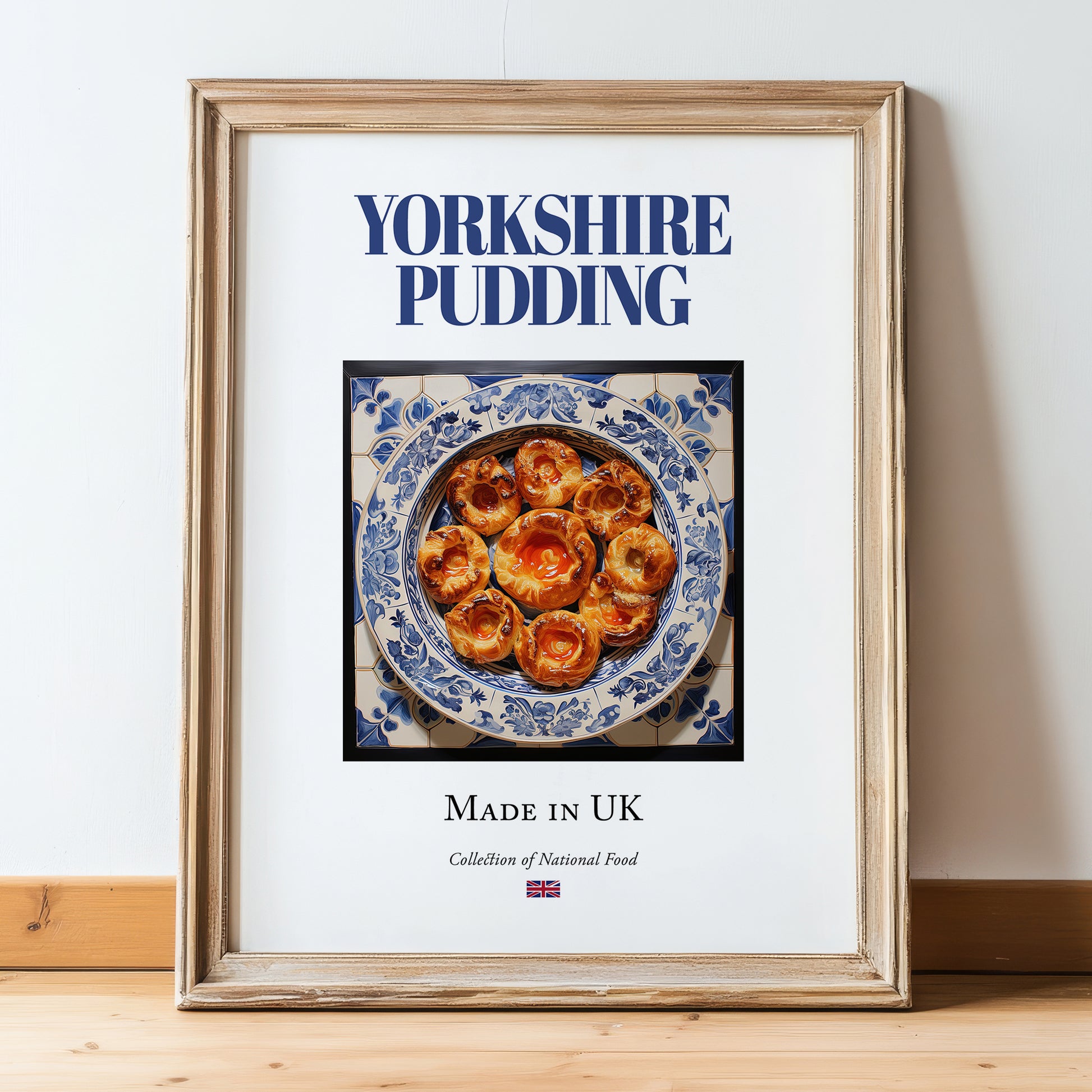 Yorkshire Pudding – English Bread Dish, Fine Dining Restaurant Wall Art, in wooden frame leaning on the floor