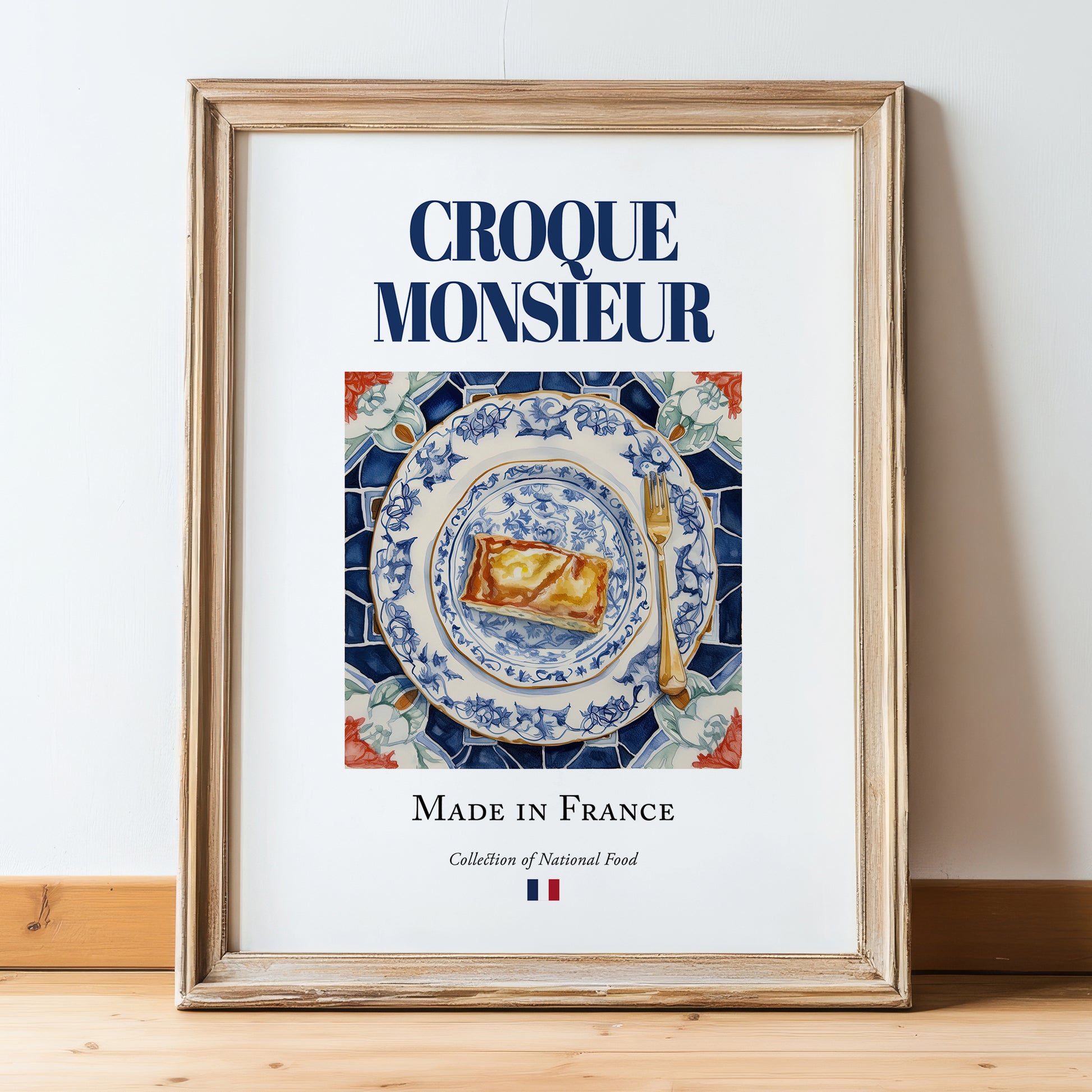 Croque Monsieur – French Snack Dish, Brasserie Poster, in wooden frame leaning on the floor