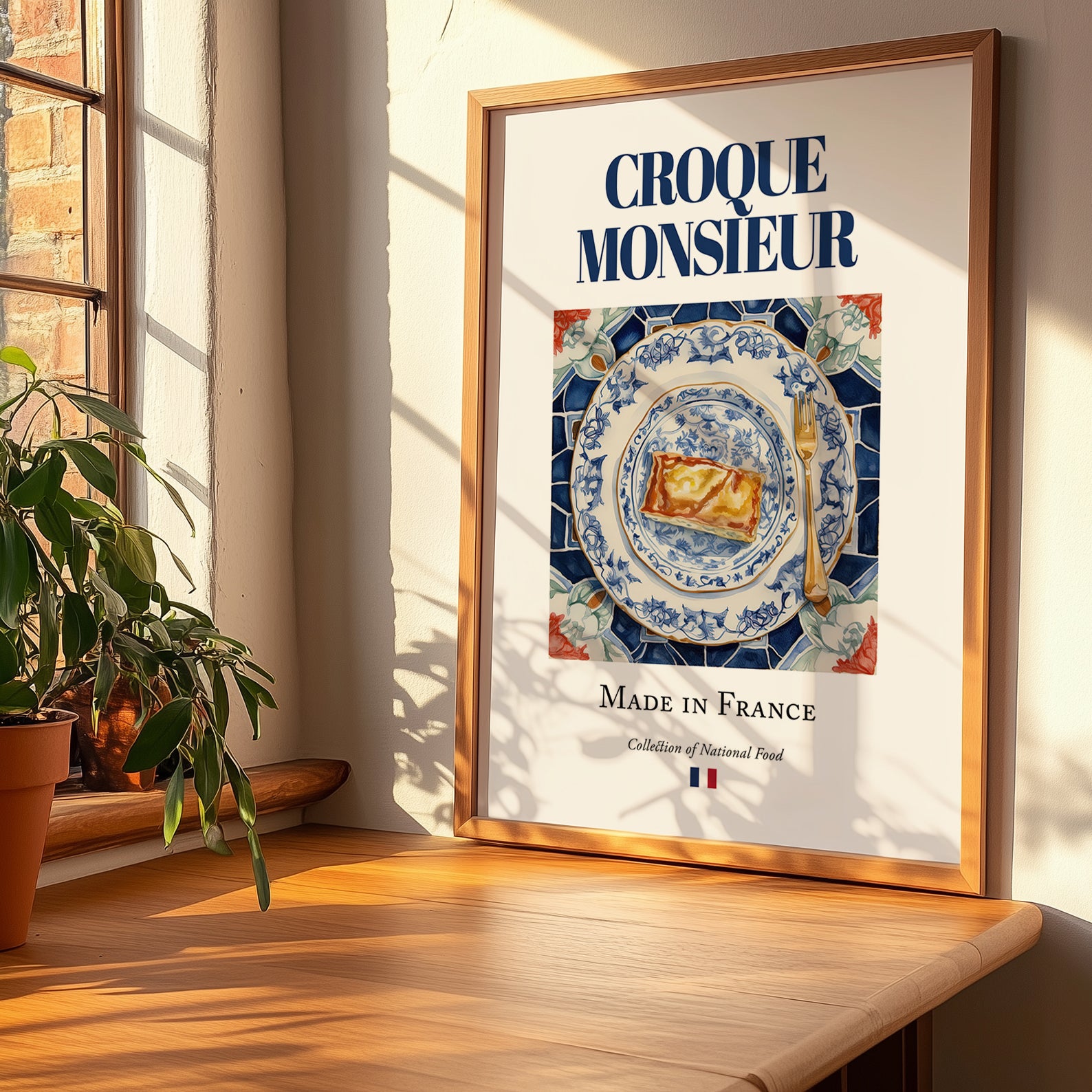 Croque Monsieur – French Snack Dish, Brasserie Poster, no-text version framed in wood