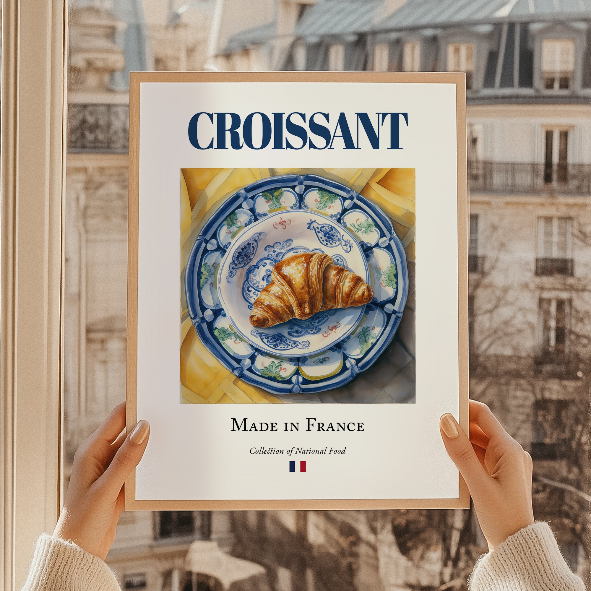 Croissant – French Bread Dish, Farmhouse Kitchen Wall Art, styled in a charming Paris street view