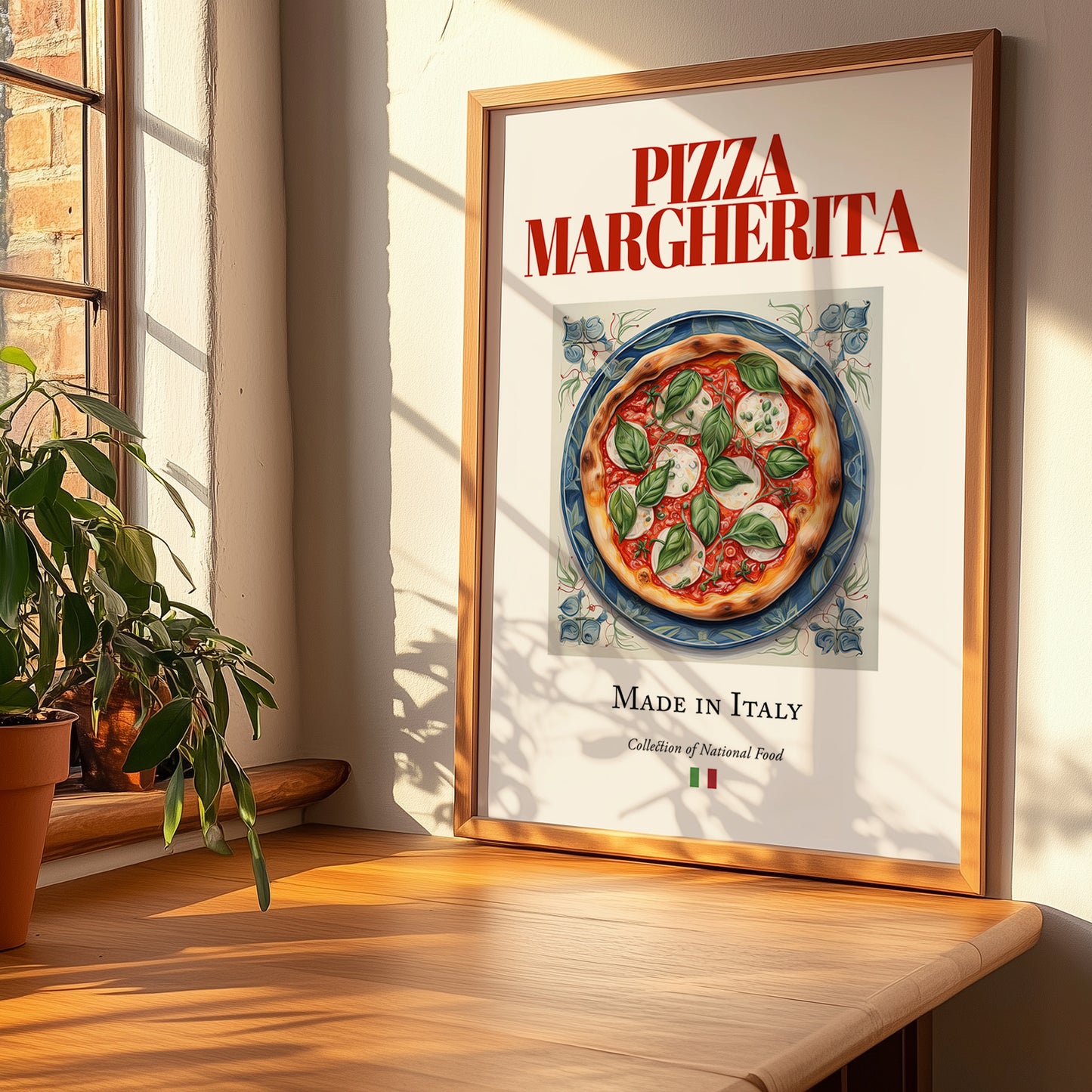 Pizza Margherita – Italian Pizza, Trattoria Wall Art, no-text version framed in wood