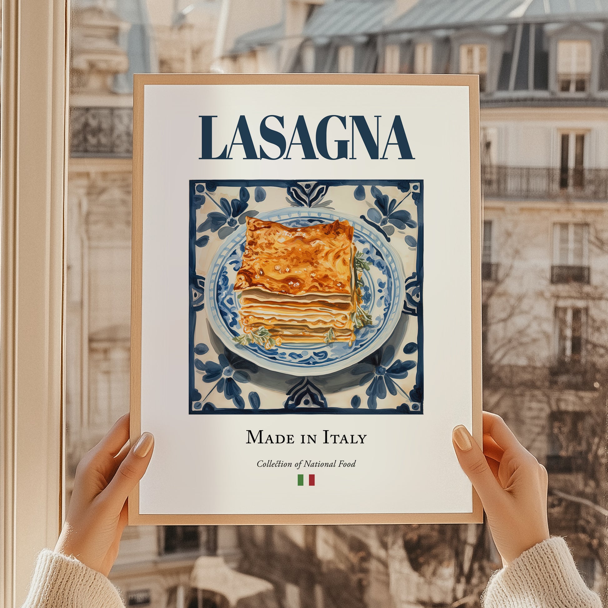 Lasagna – Italian Pasta, Trattoria Print, styled in a charming Paris street view