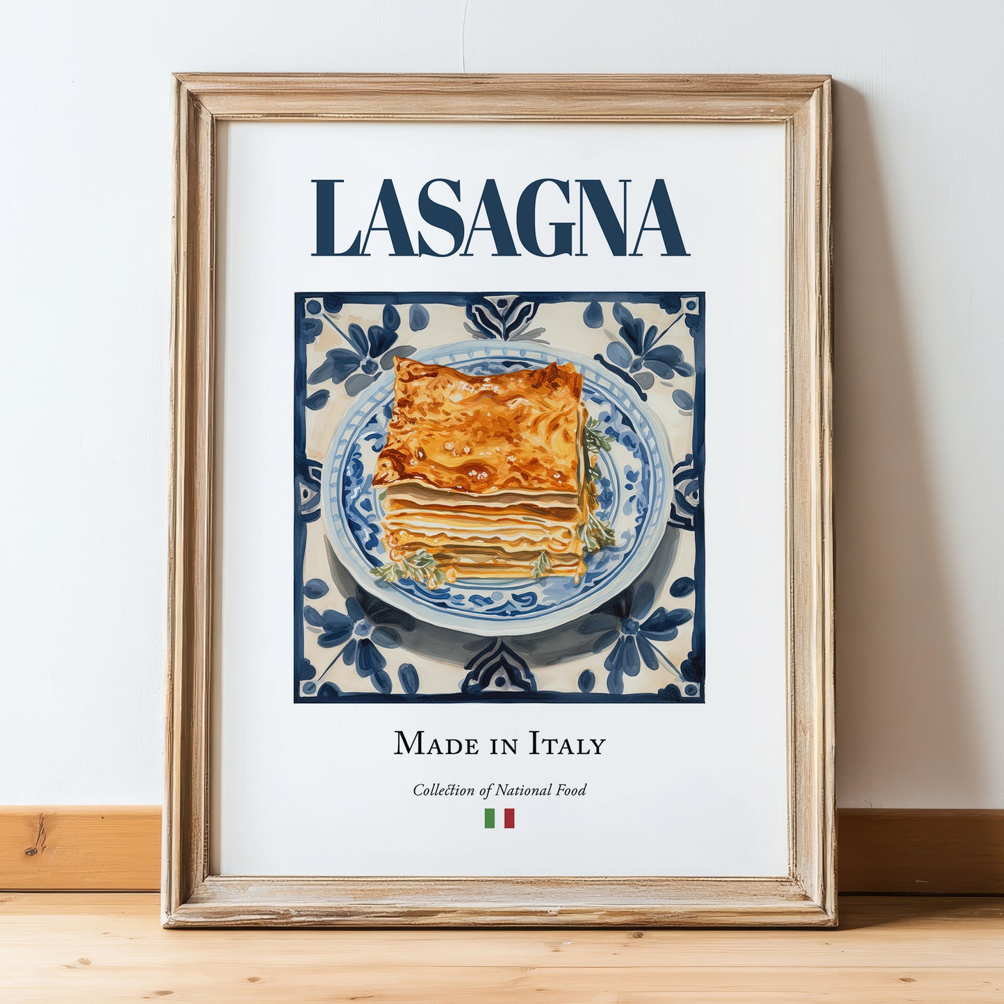 Lasagna – Italian Pasta, Trattoria Print, in wooden frame leaning on the floor